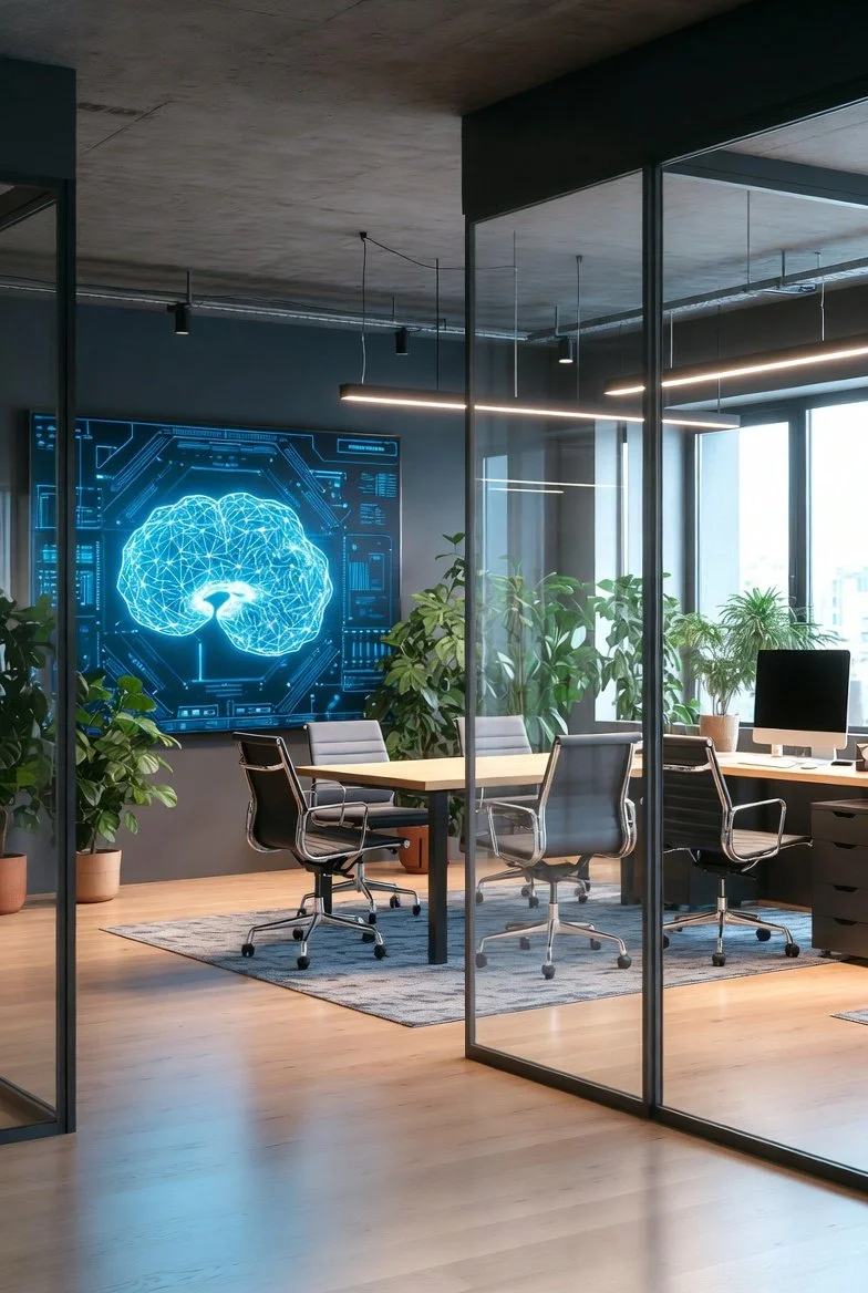 Modern office conference room with glass walls, a wooden table, black and grey chairs, large windows with city view, digital brain graphic on a dark wall, and indoor plants.