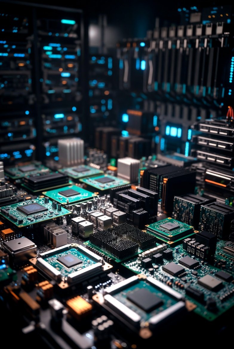 A close-up of a computer server room with various electronic circuit boards, microchips, and cooling units, illuminated by blue and orange LED lights.