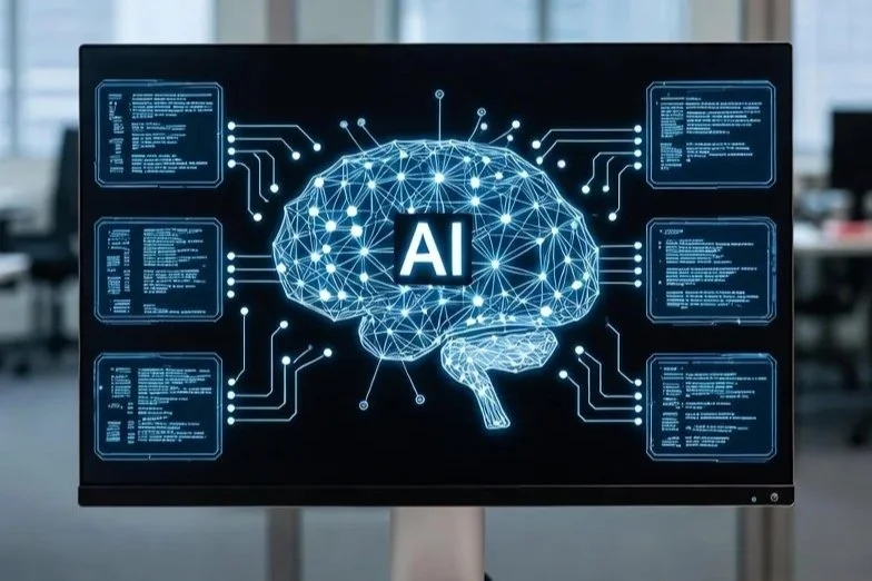 Digital illustration of a brain with the letters 'AI' in the center, surrounded by computer code and data streams, representing artificial intelligence technology.