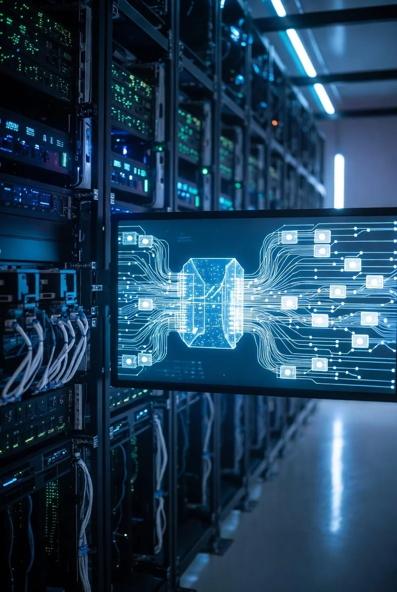 A row of server racks in a data center with a monitor displaying a digital circuit and connection diagram.