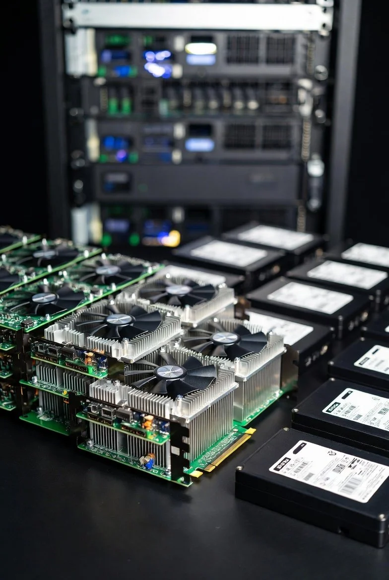 Close-up of computer hardware components including graphic cards, hard drives, and a server rack in the background.