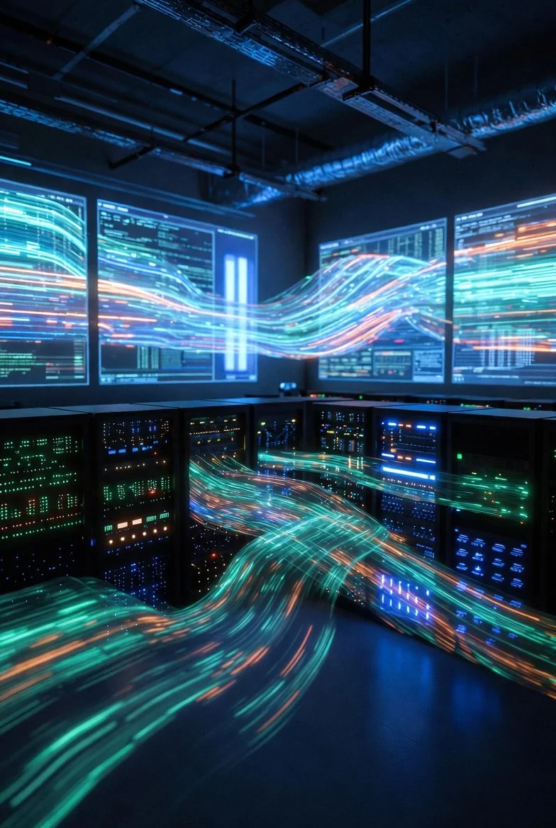High-tech data server room with colorful light trails and digital displays