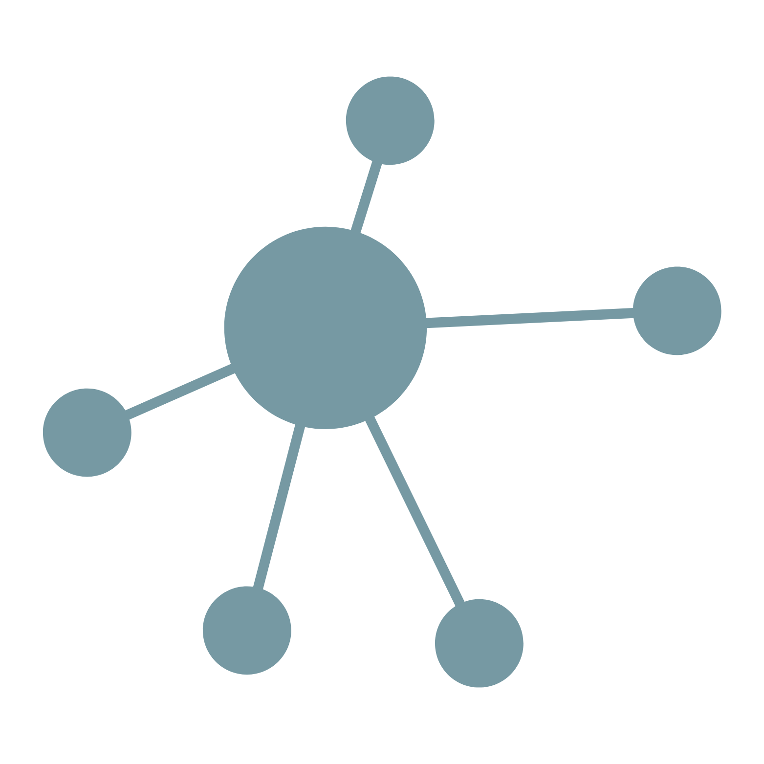 Diagram of a molecule with a central sphere connected to six smaller spheres by lines.