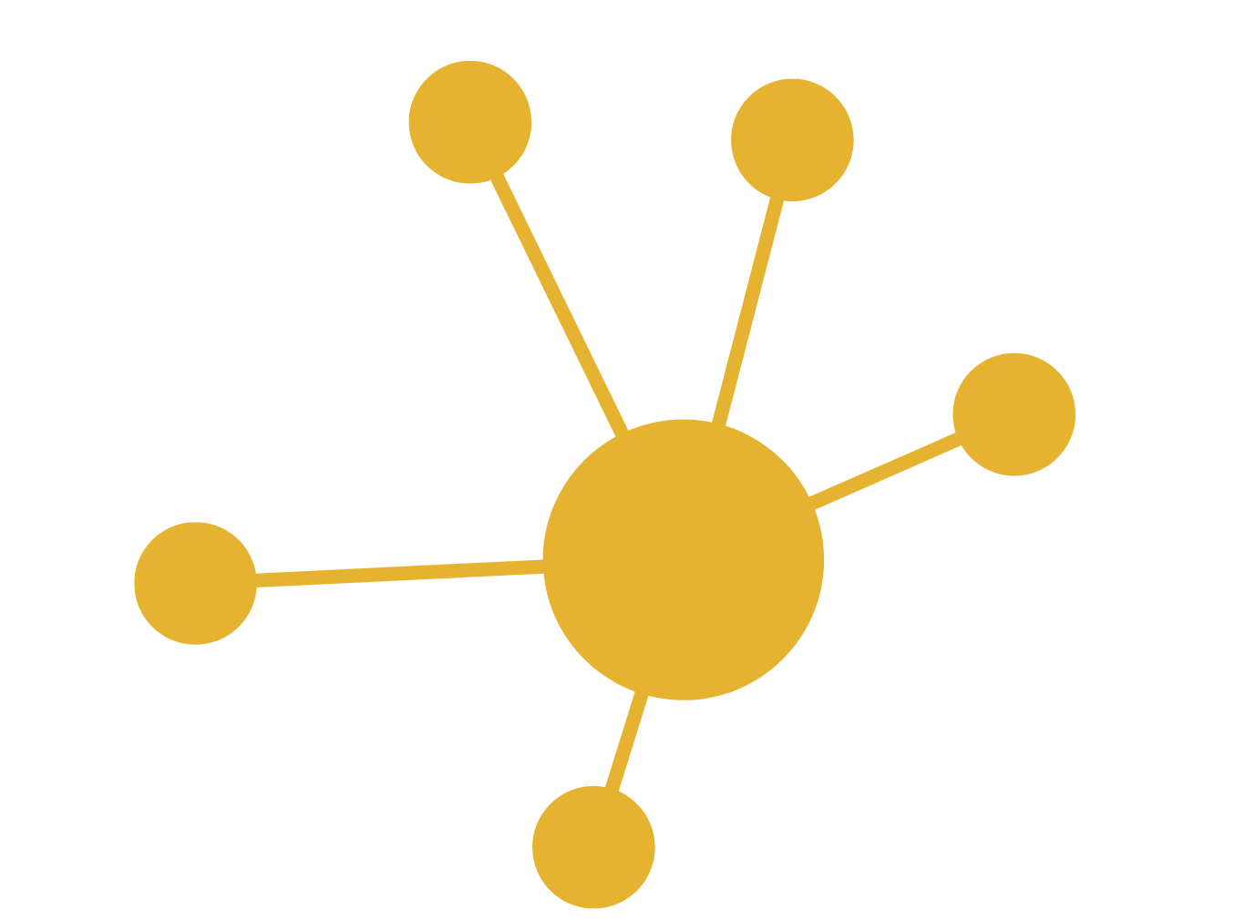 yellow graphic with a center circle and five lines moving out from center with a circle on the end of each line.
