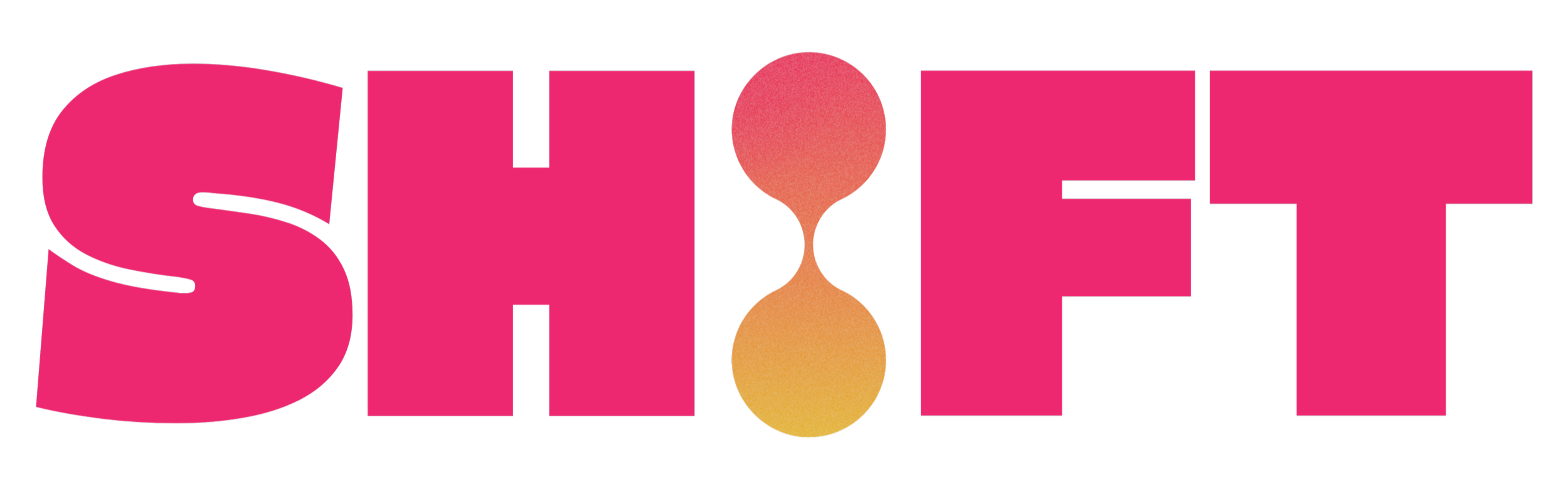 The word "SHIFT" written in bold pink letters with a gradient hourglass shape replacing the letter "I".