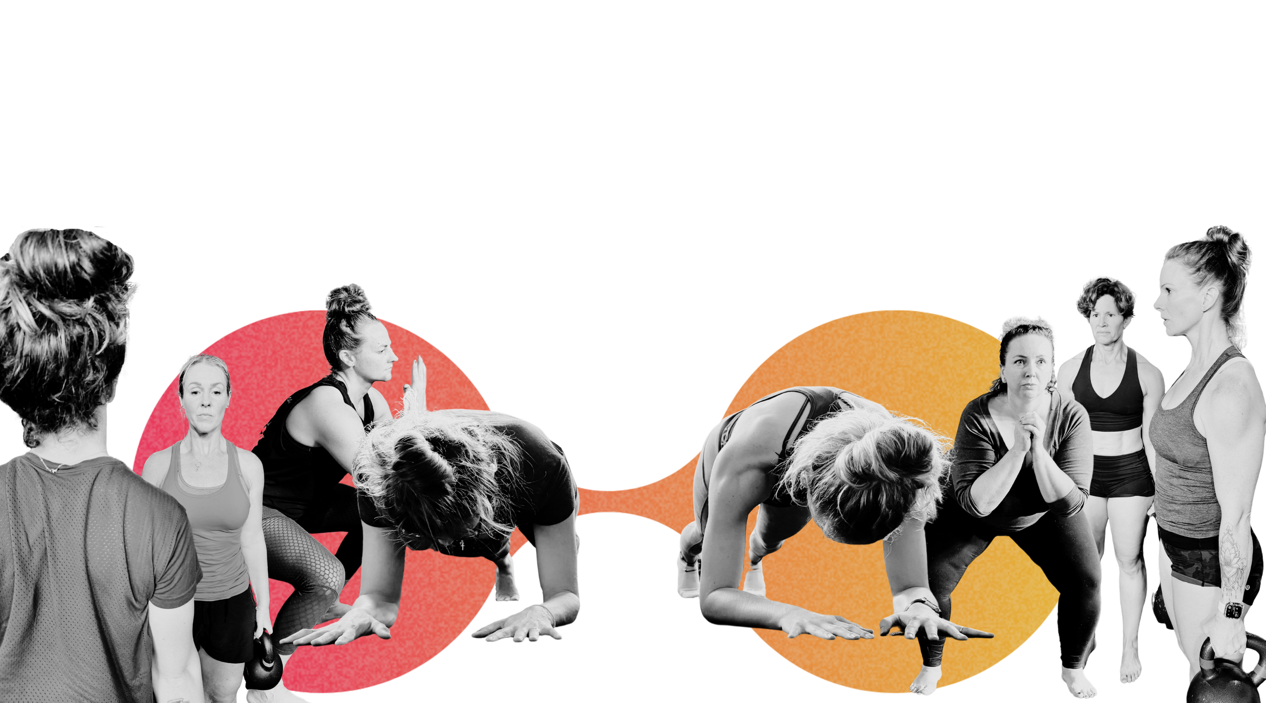 Group of women working out at DropGym Medford, Oregon with some women lifting kettlebells and others in a plank, black and white photo with colored circular backgrounds.