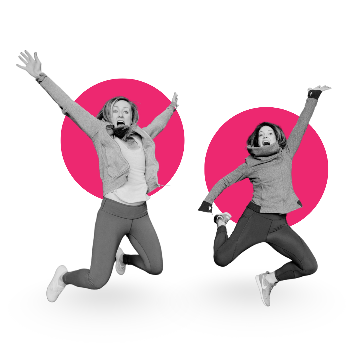 Founders of Lüsha Method jumping with joyful expressions, one with arms raised and one mid-air, against pink circles that represent connection.