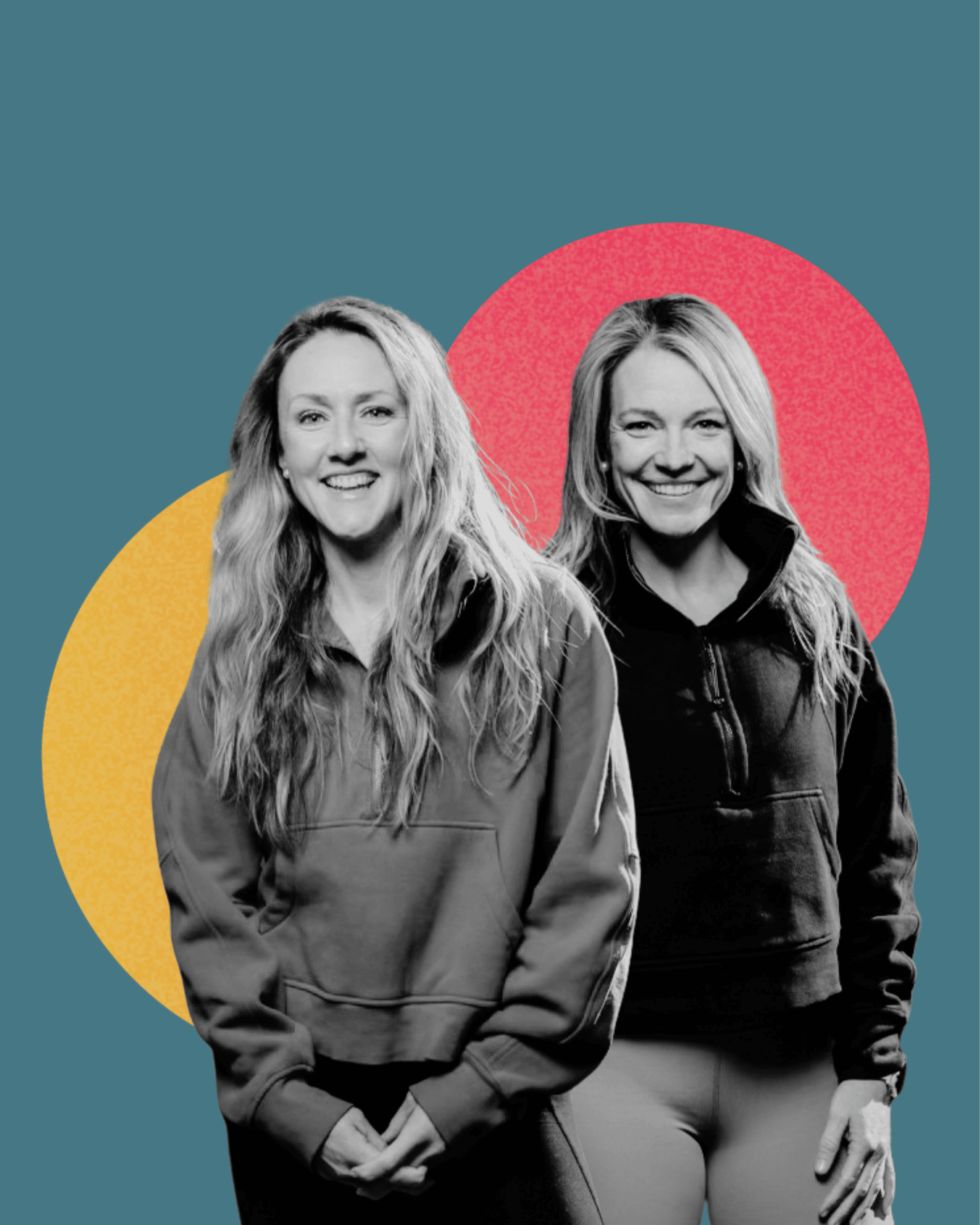 Black and white photo of Lüsha Method founders, Lü and Shantell, with colorful circles in the background.