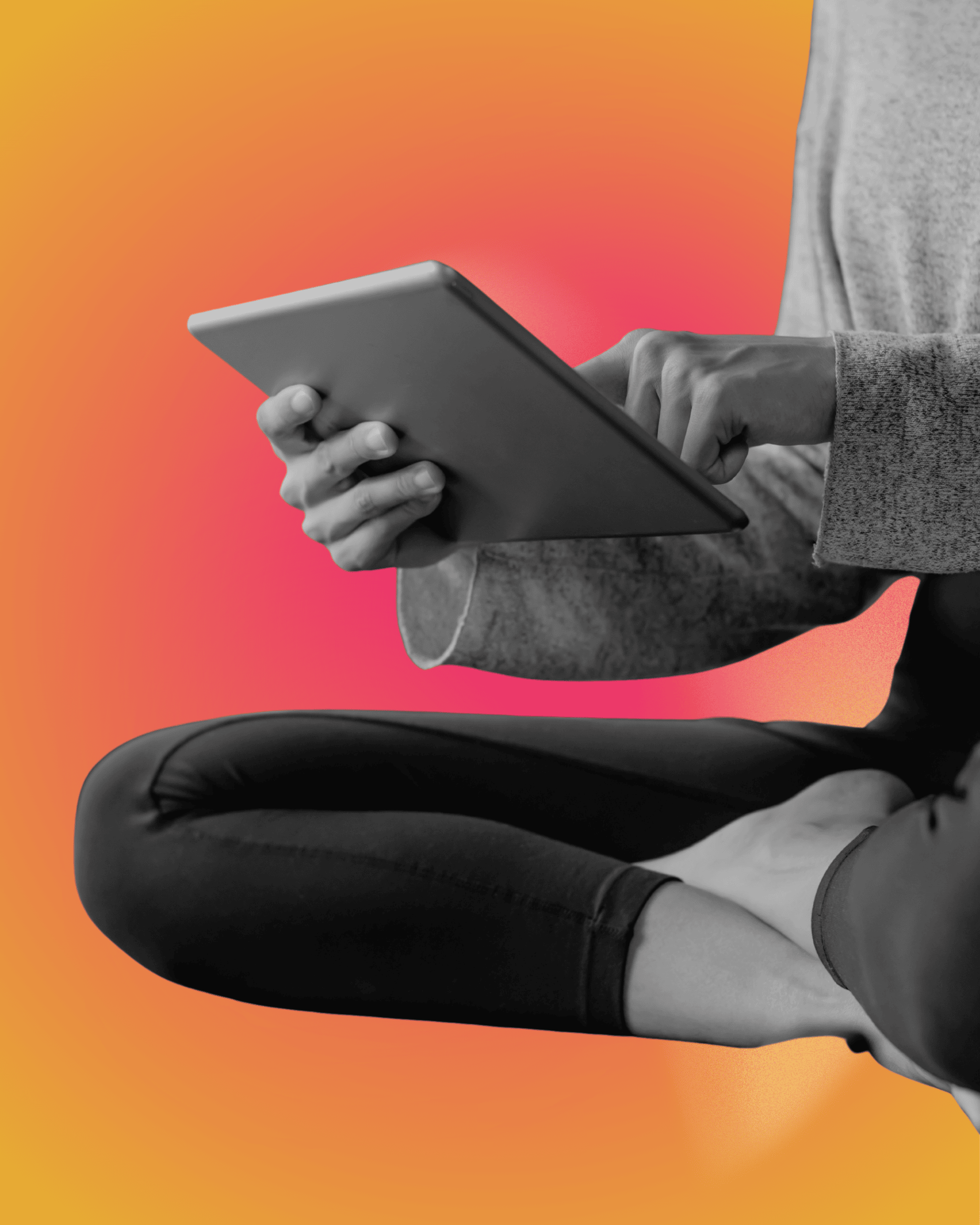 Person sitting cross-legged, using a tablet device, participating in Lüsha Programming, with a background of a gradient from yellow to pink.