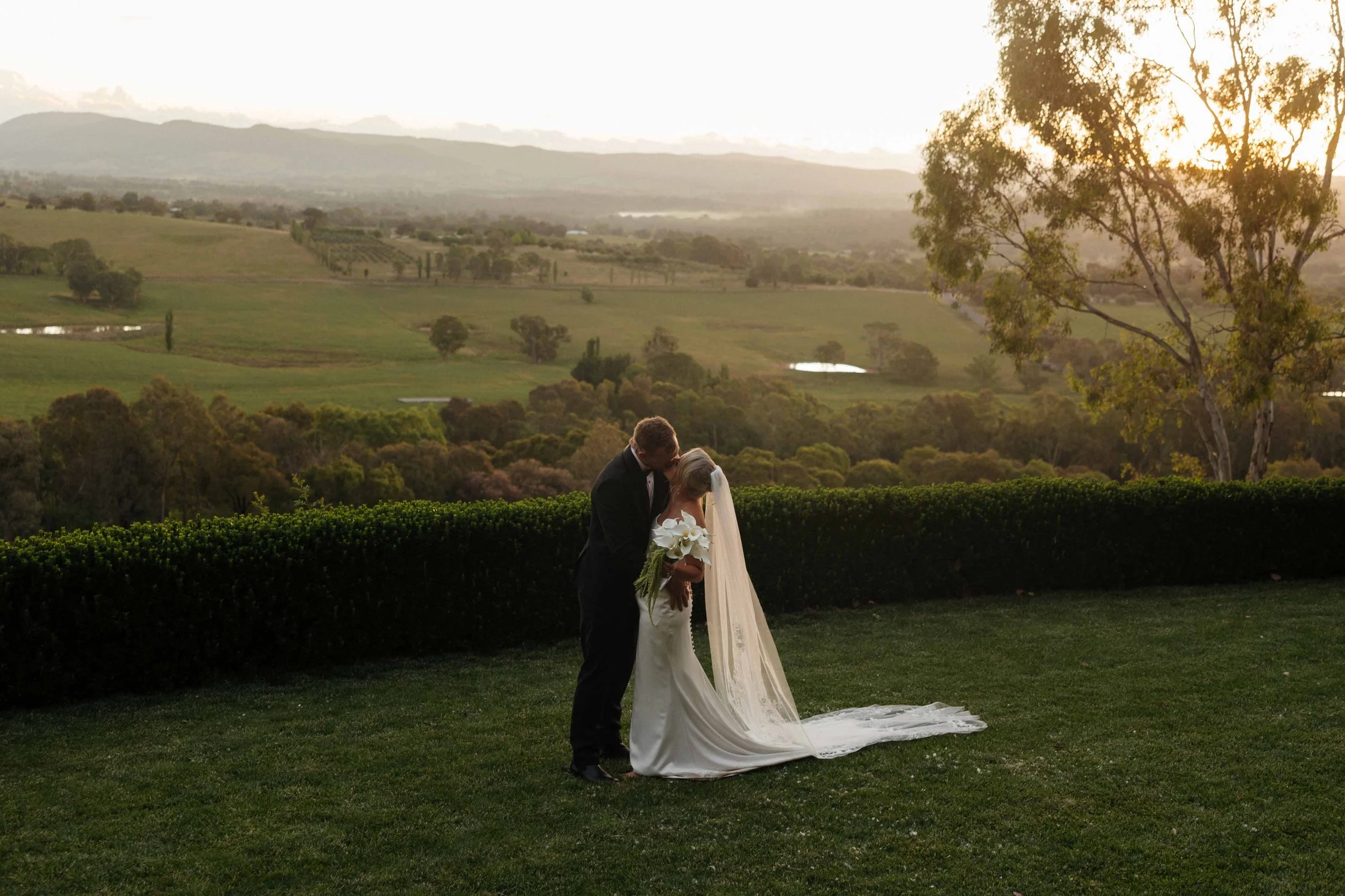 A bride and groom share a kiss on a grassy hill at sunset with rolling hills, trees, and ponds in the background.