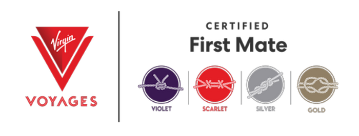 Virgin Voyages first mate certification symbols showing different types of knots: violet, scarlet, silver, and gold.