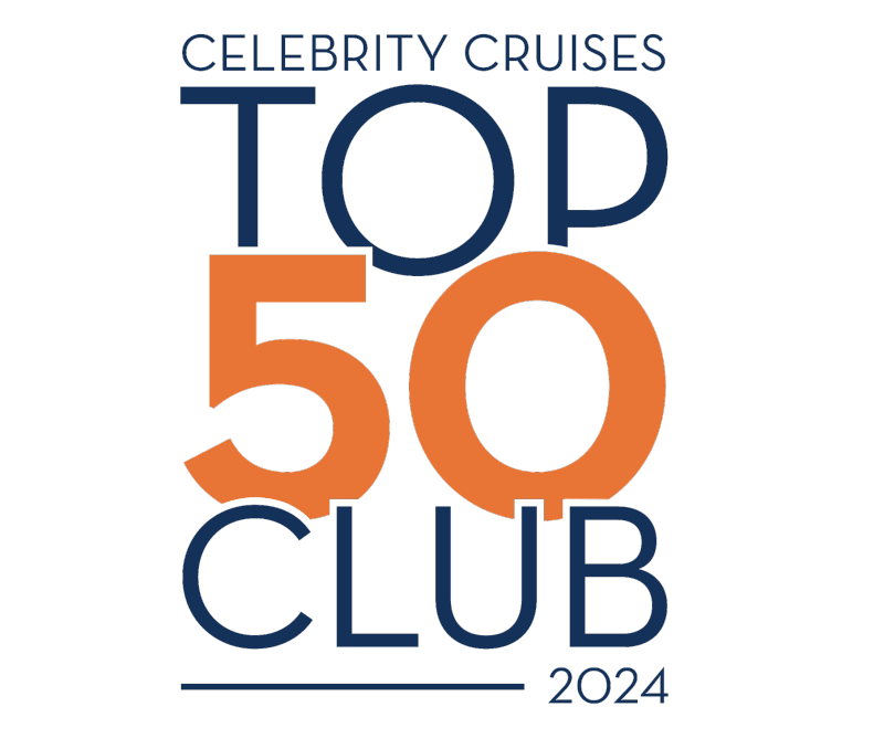 Graphic design for a magazine or website listing the top 50 celebrity cruise clubs for 2024, featuring large orange and blue text on a black background.