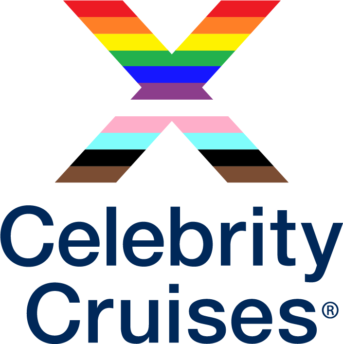 Logo for Celebrity Cruises with a black background, featuring a stylized letter X in rainbow colors above the text 'Celebrity Cruises' in dark blue.