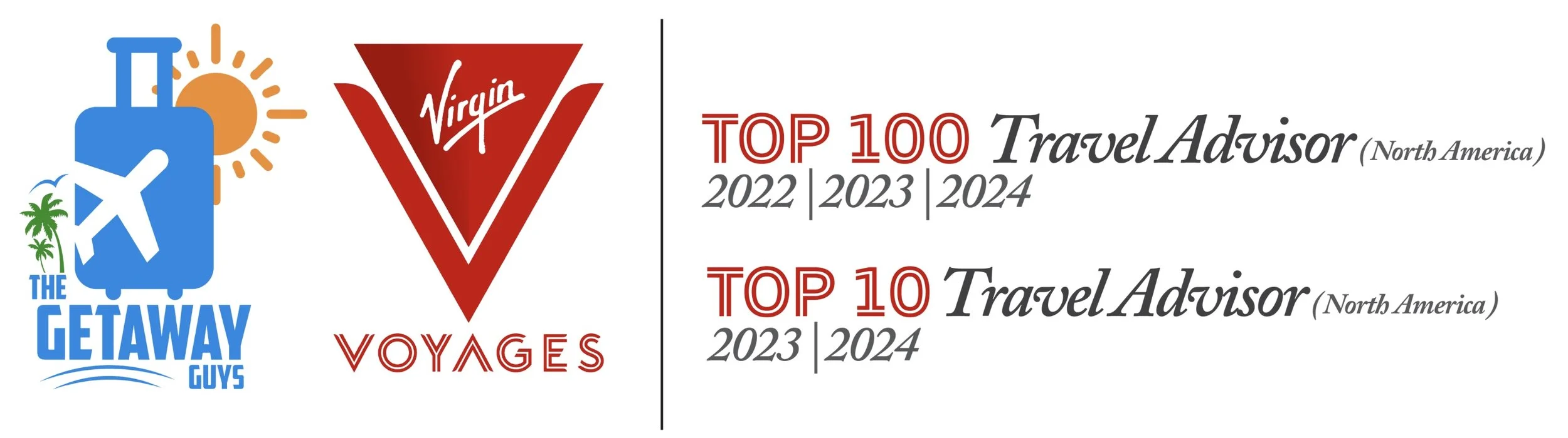 Logo with a blue suitcase, sun, and palm trees on the left, and Virgin Voyages logo on the right. Text indicates awards for top 100 travel advisor in North America for 2022, 2023, 2024 and top 10 travel advisor for 2023 and 2024.