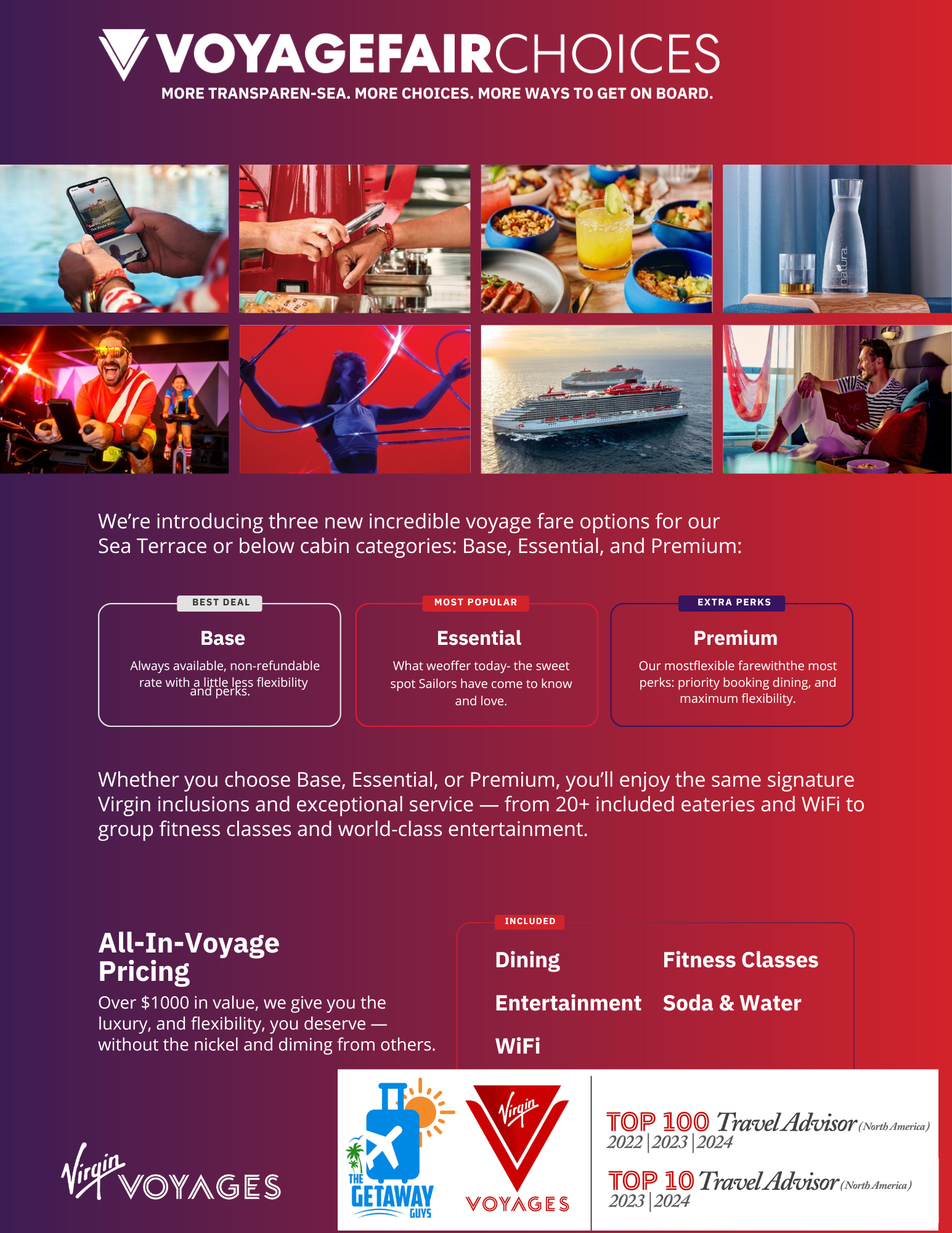 A promotional flyer for Virgin Voyages featuring images of a person using a phone, a chef preparing food, a meal with drinks, a water bottle, a cyclist, a hula dancer, cruise ships at sea, and a man relaxing indoors. The flyer details new voyage fare options: Base, Essential, and Premium, with descriptions. It highlights included amenities such as dining, entertainment, WiFi, fitness classes, and soda/water. Logos of Virgin Voyages and associated awards are at the bottom.