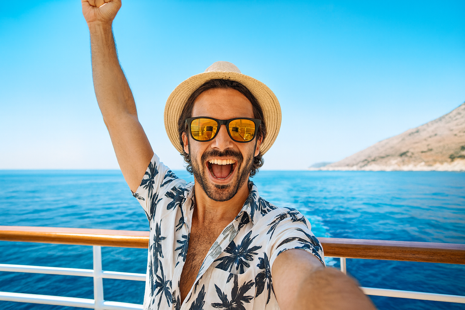 Man taking a selfie on a boat, wearing a straw hat, sunglasses, and a floral shirt, with the ocean and a distant landmass in the background.