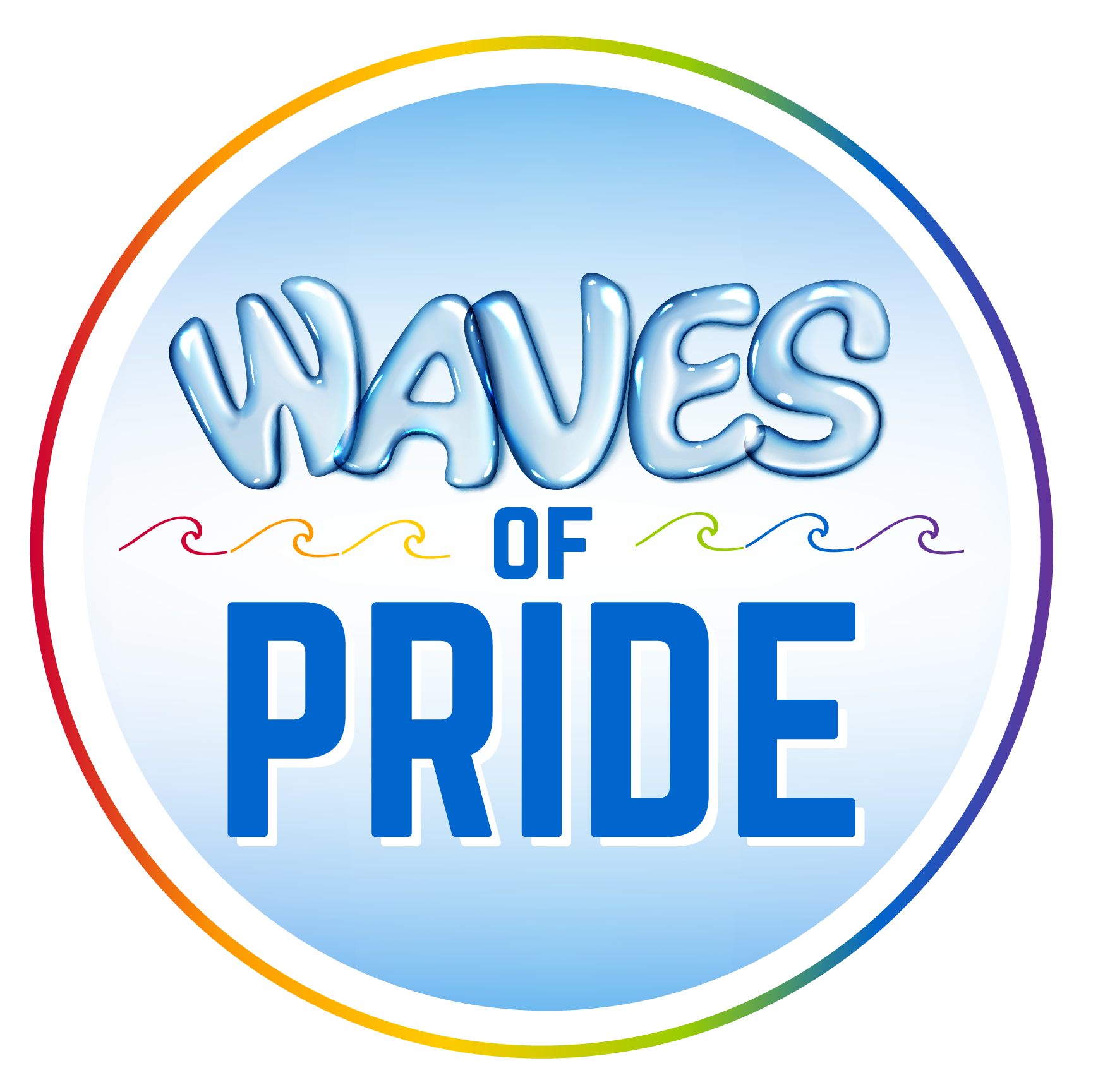 Colorful circular badge with the words "Waves of Pride" in stylized text, featuring rainbow-colored wave designs and a rainbow gradient border.