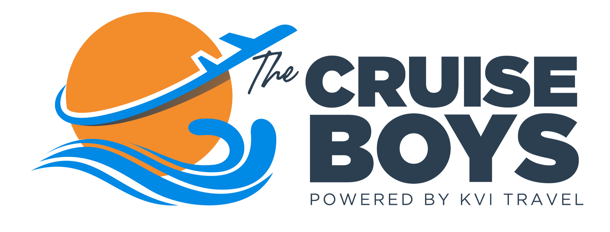 Logo of The Cruise Boys, powered by KM Travel, featuring an orange globe with blue waves and an airplane.