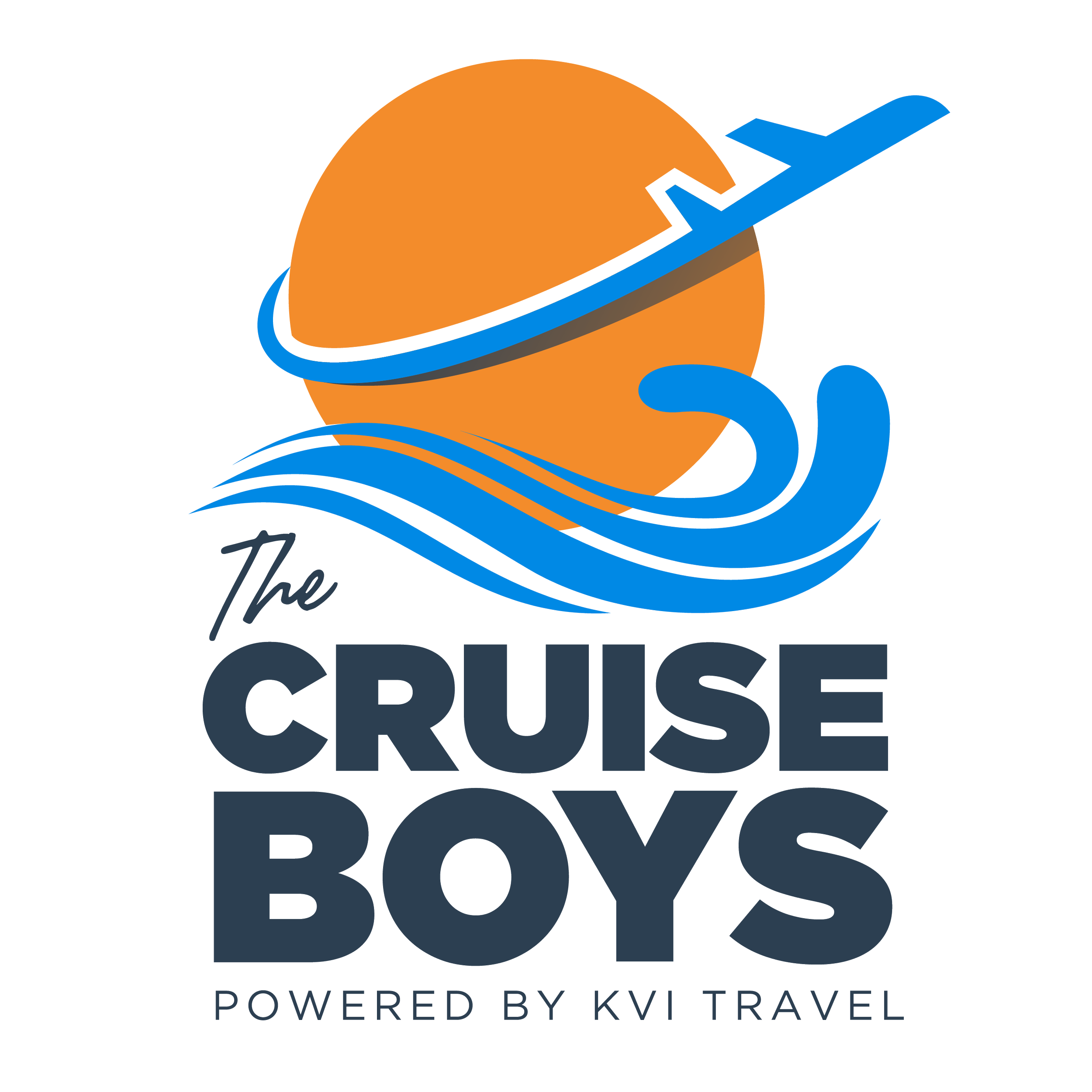 Logo for The Cruise Boys with an orange sun, blue waves, and an airplane circling the sun, with text 'The Cruise Boys' and 'Powered by KV Tramel'.