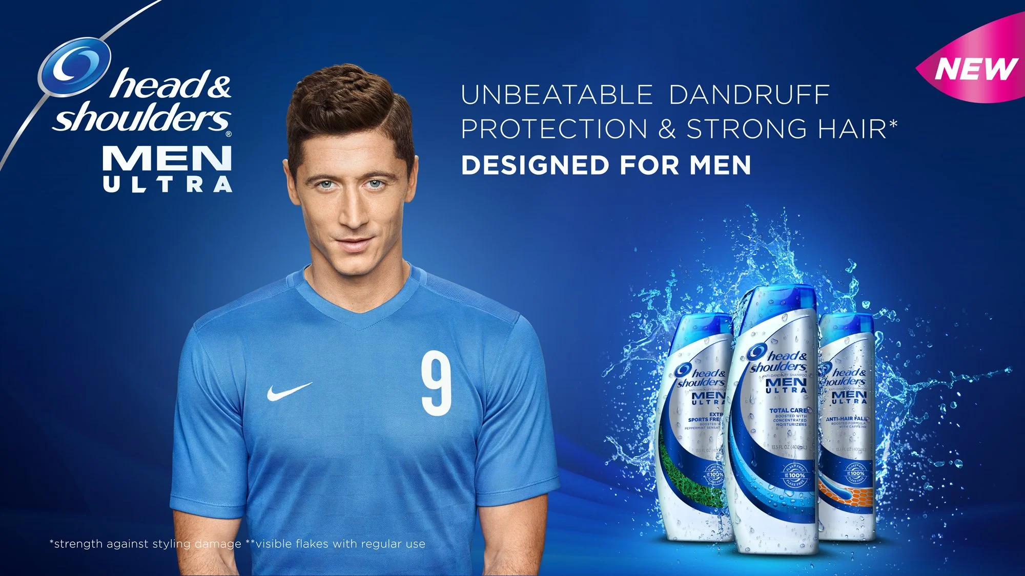 Advertisement for head & shoulders Men Ultra shampoo, featuring a man in a blue sports jersey with the number 9, and three bottles of shampoo with splash effects, emphasizing dandruff protection and strong hair.
