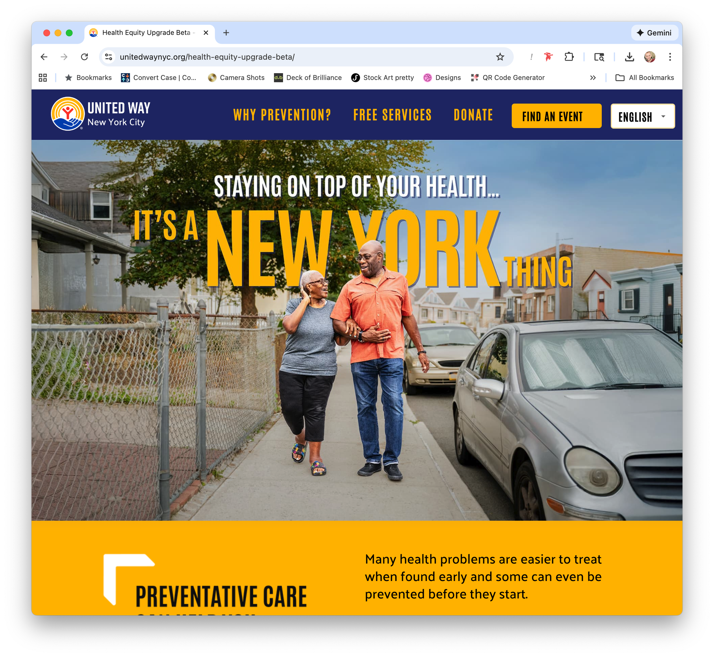 Website homepage for United Way New York City promoting health prevention with a header saying "Staying on top of your health... It's a New York thing" showing an elderly woman and a middle-aged man walking together on a neighborhood sidewalk with houses and parked cars, and a yellow section with the text "Preventative Care" and additional information about early detection and prevention.
