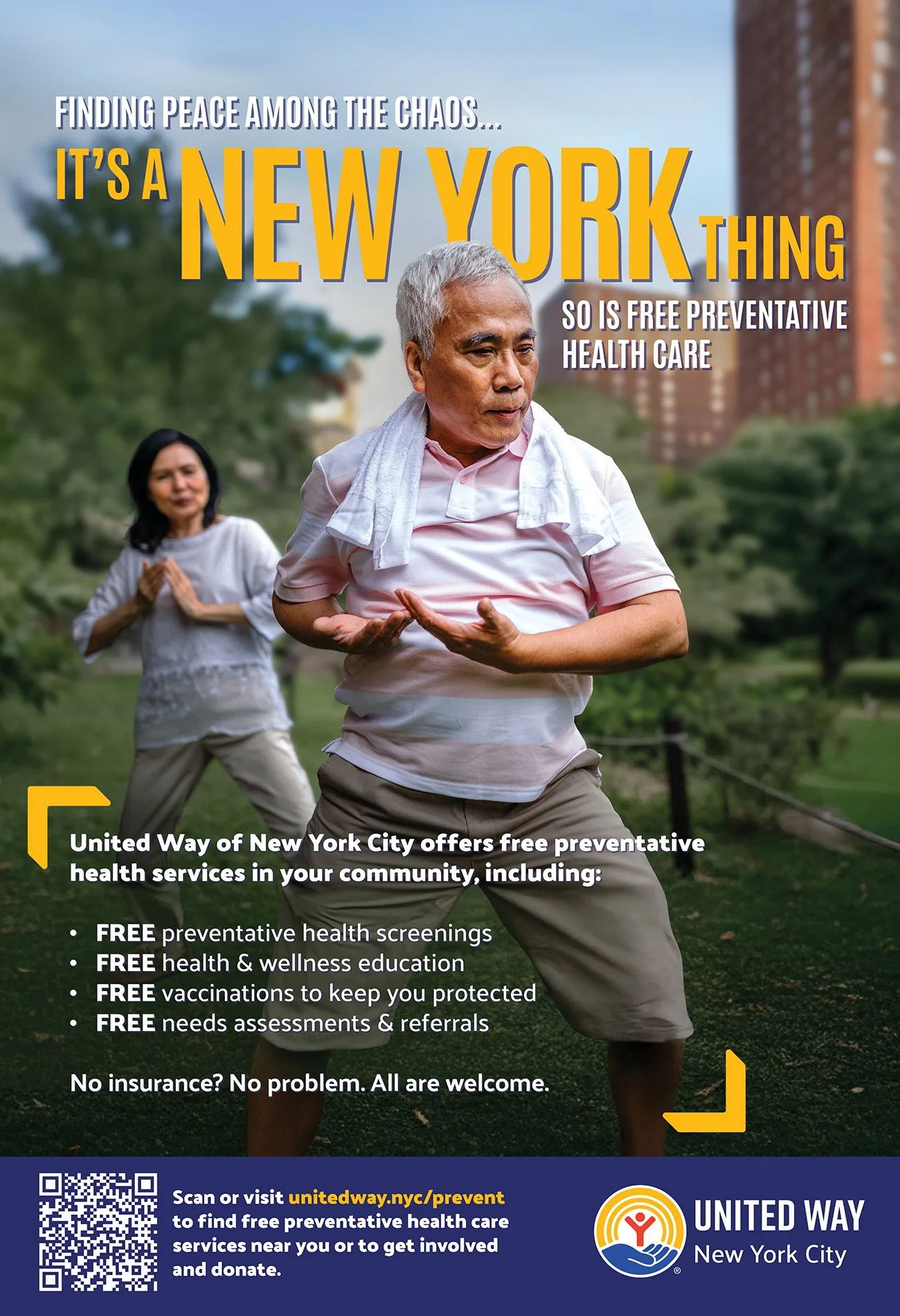 A man practicing yoga outdoors in a park, with a woman in the background, promoting free preventive health care services from United Way of New York City.