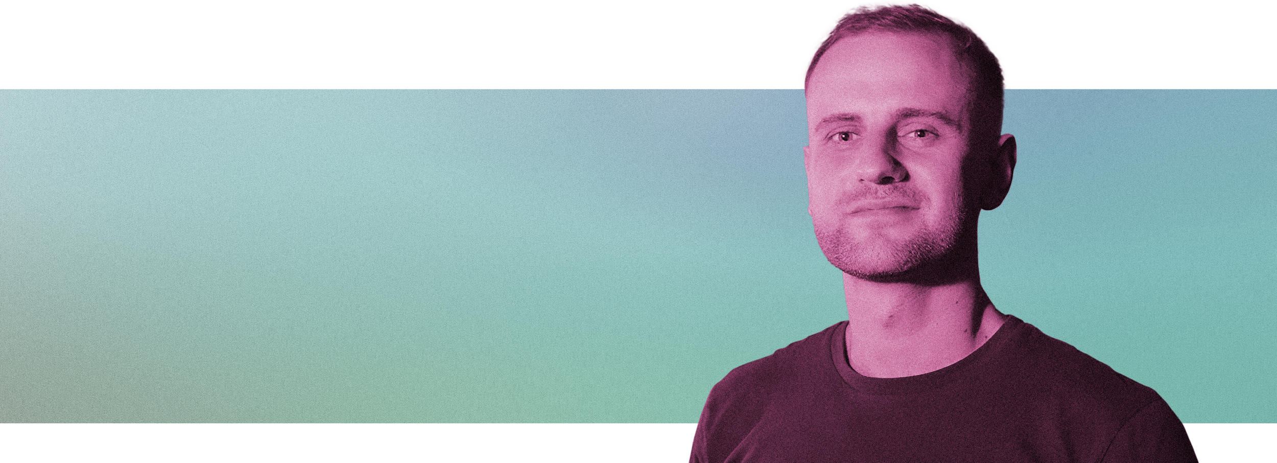 Portrait of a man with short hair, wearing a black shirt, against a background with aqua, pink, and black horizontal sections.