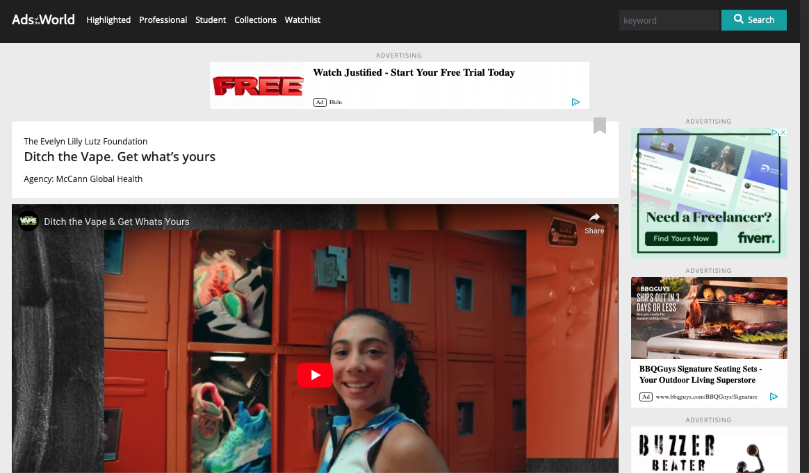 Screenshot of a webpage from Ads of the World featuring a video titled 'Ditch the Vape & Get Whats Yours' with a young woman smiling in front of orange lockers and sneakers on display.