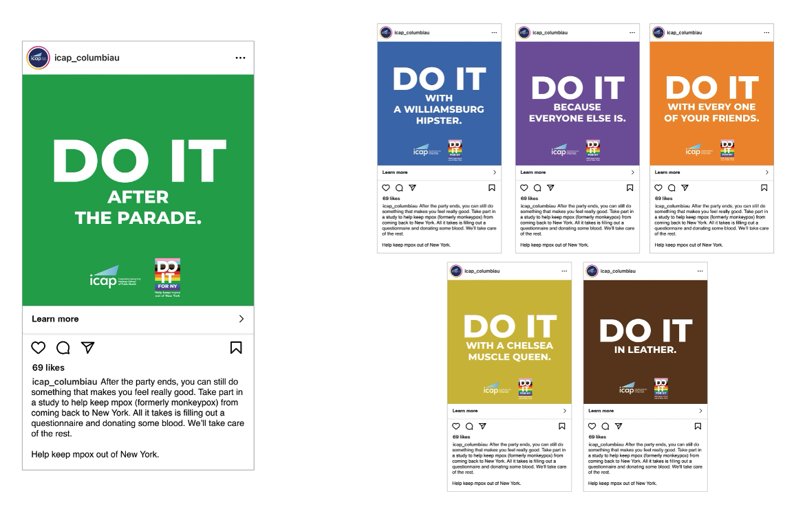 Set of six social media posts with bold text and colorful backgrounds, encouraging safe behaviors after Pride parades, including not to smoke, use blood, or flip the bird, with the first post emphasizing "Do It After the Parade" in green.