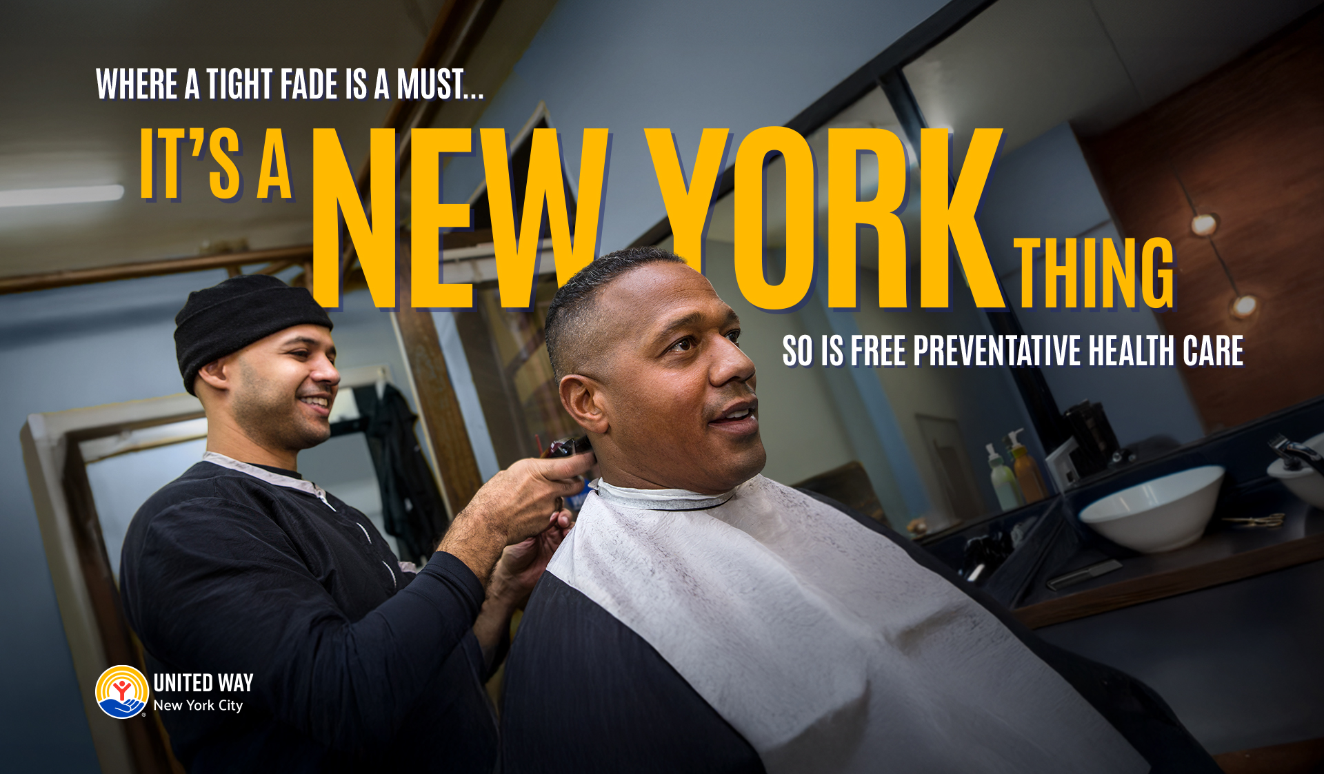 A man gets a haircut at a barbershop, with overlaid text promoting free preventive healthcare in New York City by United Way.