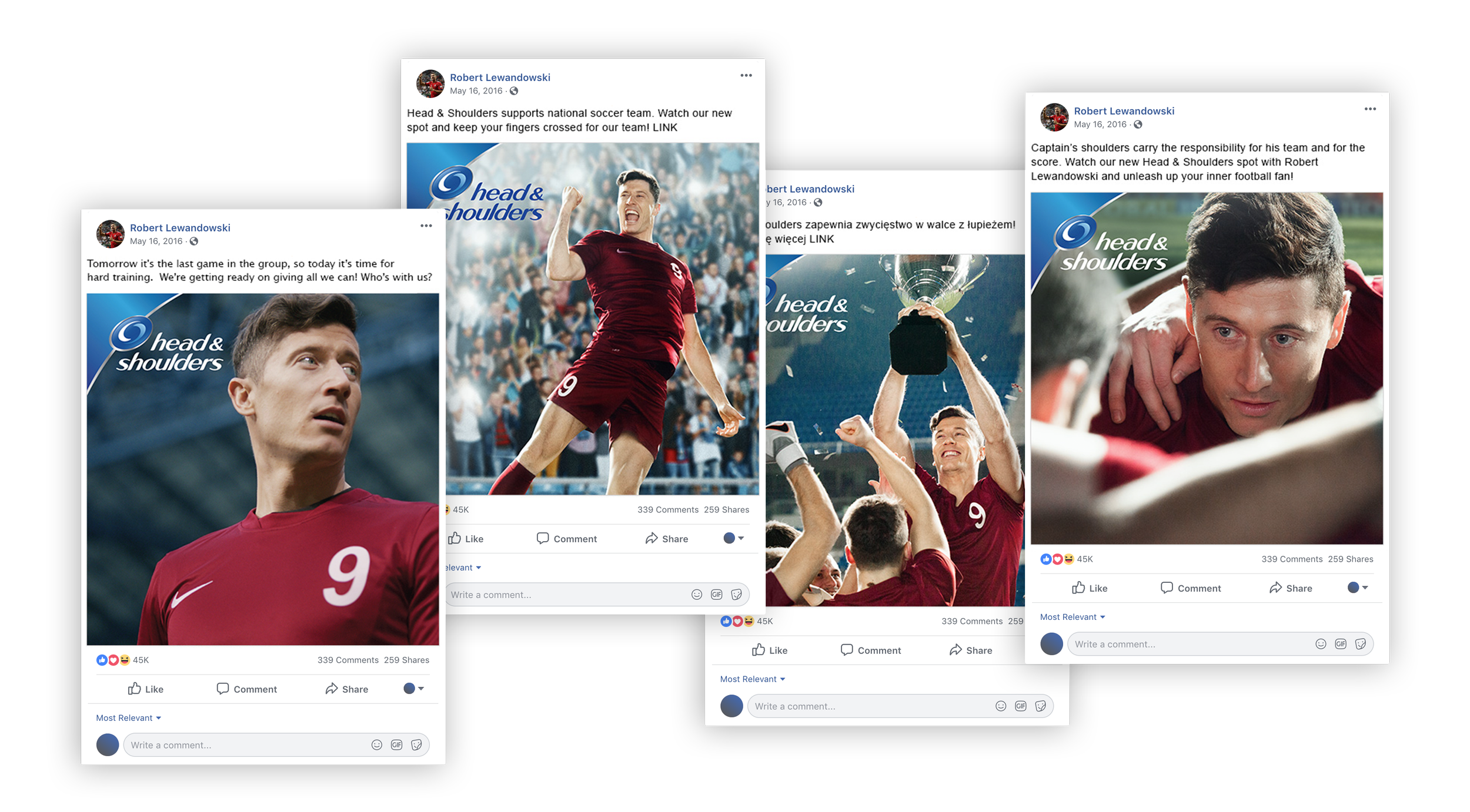 A collage of four Facebook posts promoting Head & Shoulders shampoo featuring a male soccer player in a red jersey with the number 9. The posts highlight the player's leadership, celebration, and support for the team.