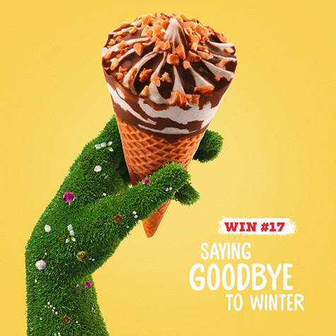 A green, fuzzy cactus decorated with small, colorful rhinestones, holding an ice cream cone with chocolate and sprinkles on a yellow background. Text reads "WIN #17 SAYING GOODBYE TO WINTER."