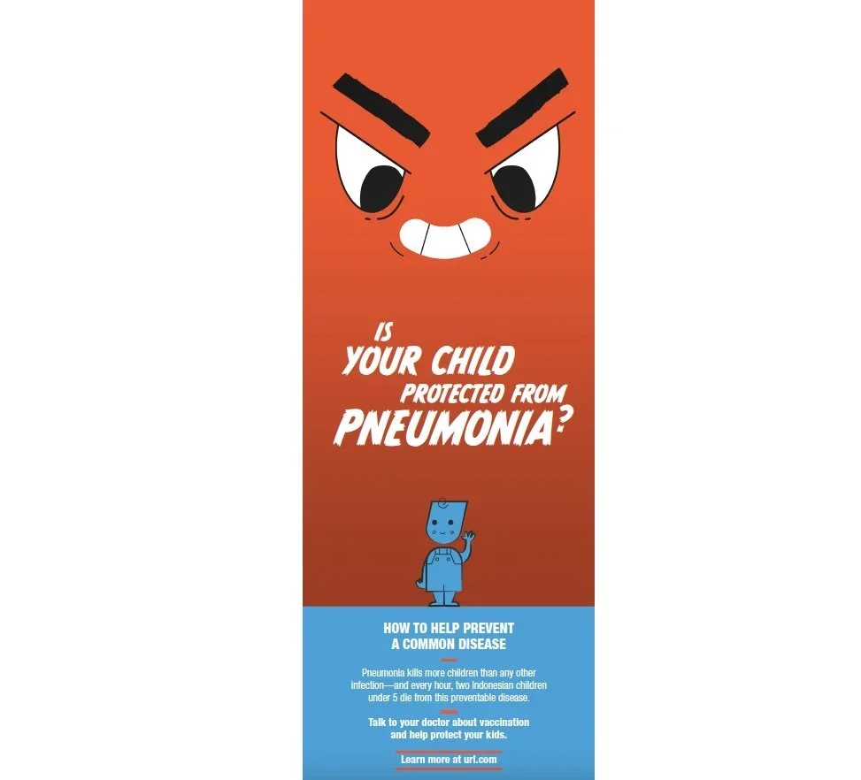 An infographic with a cartoon face with angry eyebrows at the top and a cartoon character of a blue bacterium below, asking if your child is protected from pneumonia. It provides information on preventing pneumonia through vaccination.