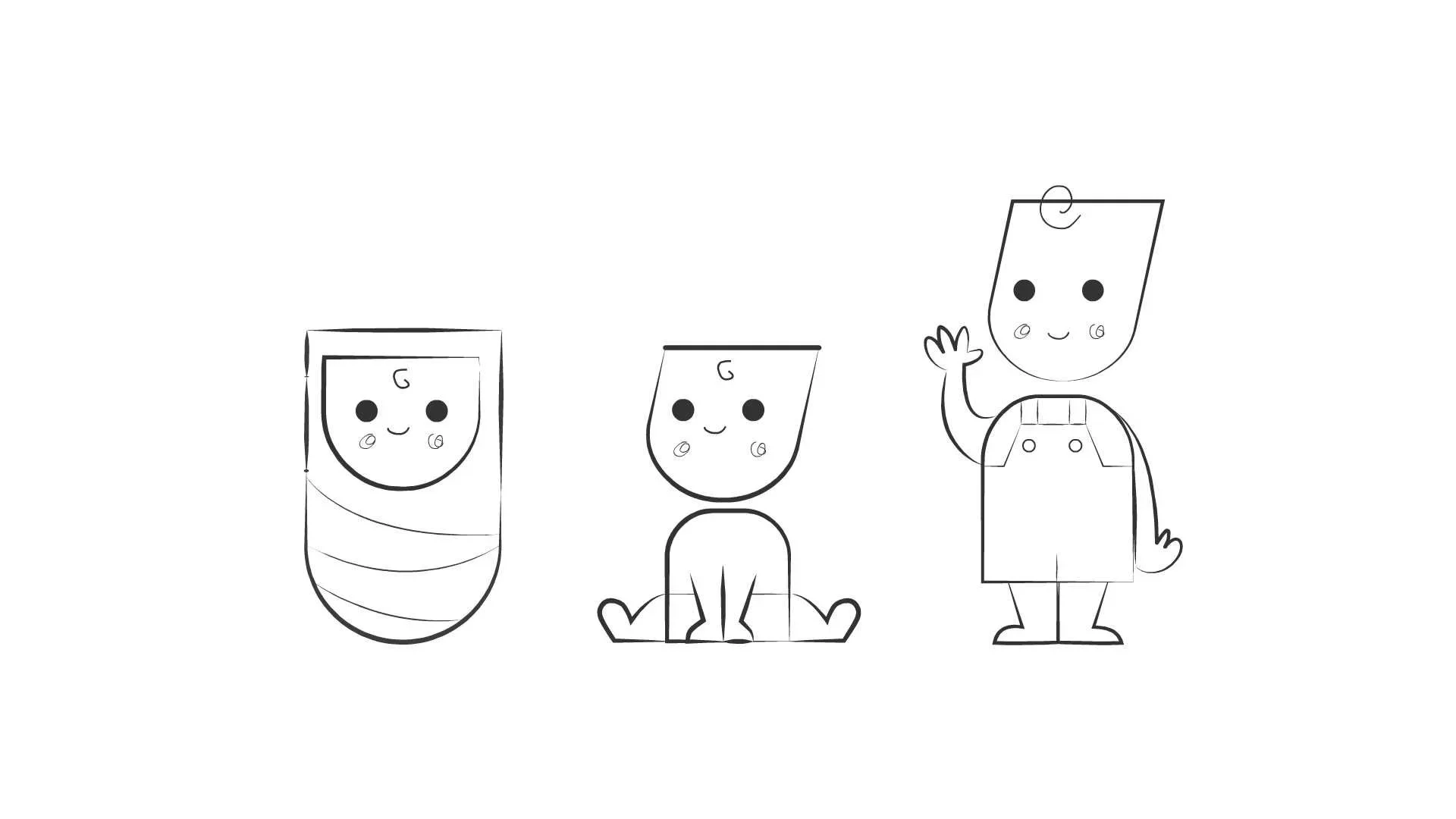 Line drawing of three cartoon children, two sitting and one standing, with simple facial features, all smiling and waving.