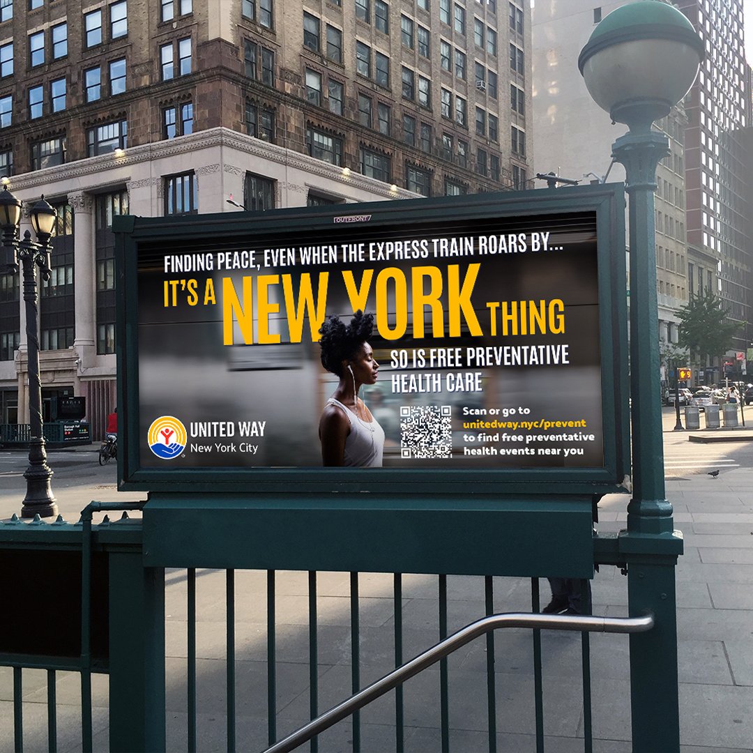 An outdoor billboard in New York City promoting free preventive health care through United Way, featuring a woman facing right and a QR code for more information.