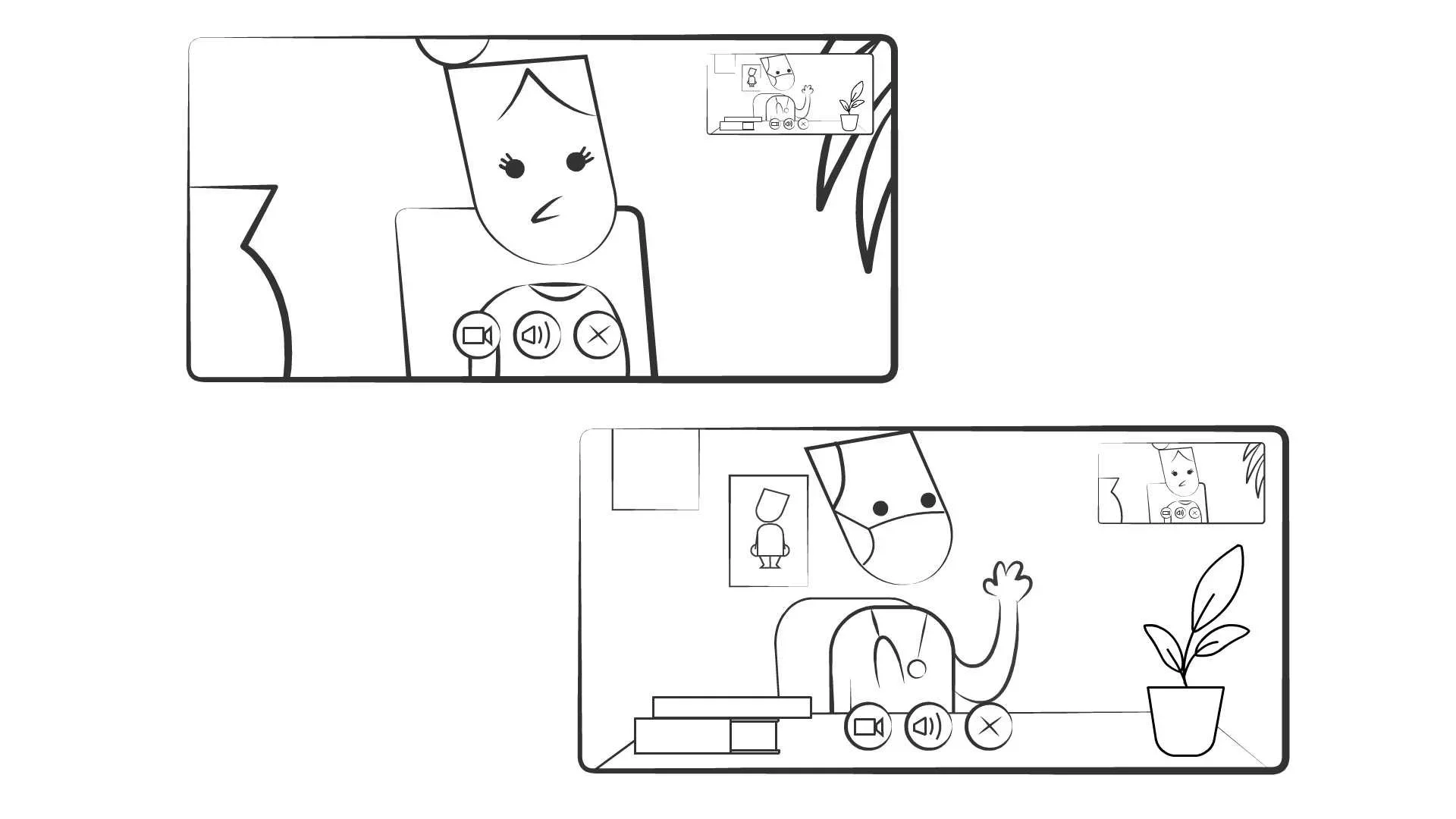 Two black and white line drawings of animals talking via video call. The top drawing shows a woman with a ponytail and long eyelashes, and the bottom drawing depicts a dog with a collar and a wave, with a woman in a small video window.