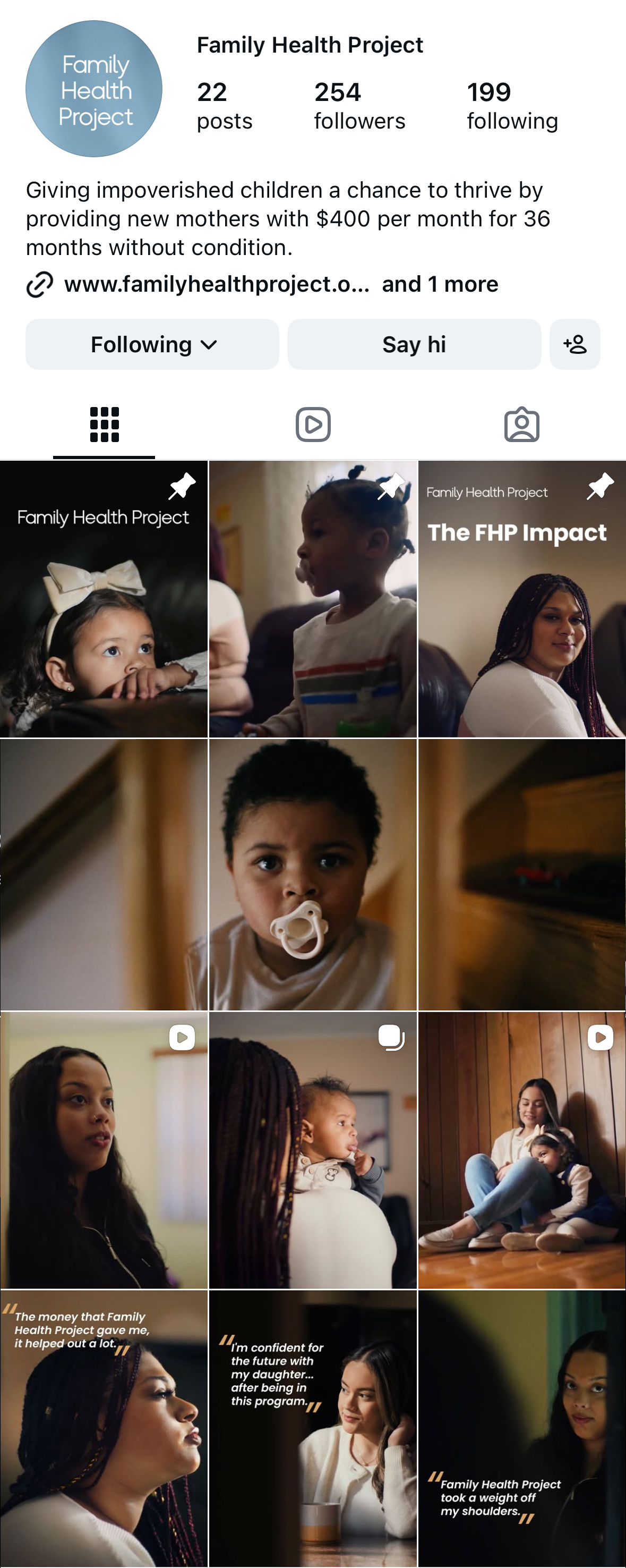 Screenshots of a social media profile for the Family Health Project showing various images of children and women, along with captions about their experiences and benefits from the program.