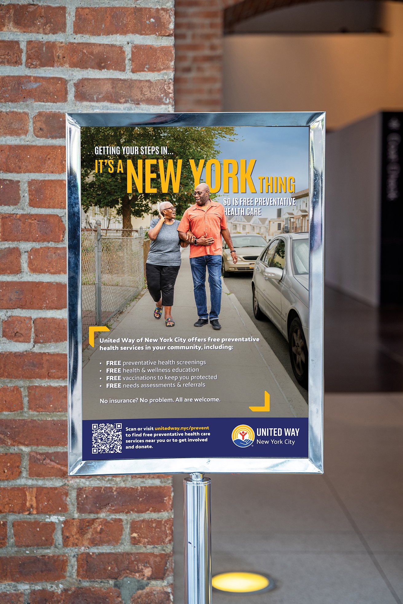Flyer promotion for free preventative healthcare services by United Way of New York City, showing an elderly man and woman walking and talking on a sidewalk with parked cars and houses in the background.