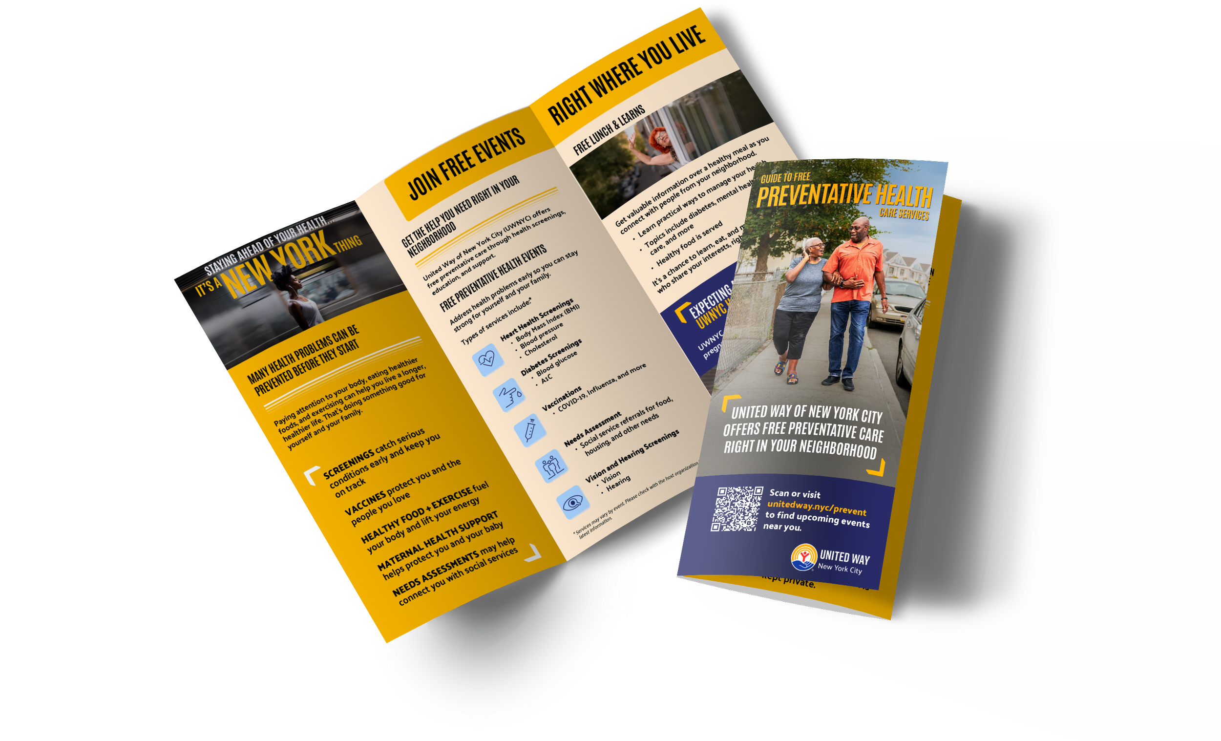 A tri-fold brochure from United Way of New York City promoting free preventive health care services in a neighborhood. The front panel shows a smiling elderly couple walking down a street. The inside panels list services like health screenings, vaccinations, and assessments, along with a QR code linking to upcoming events.