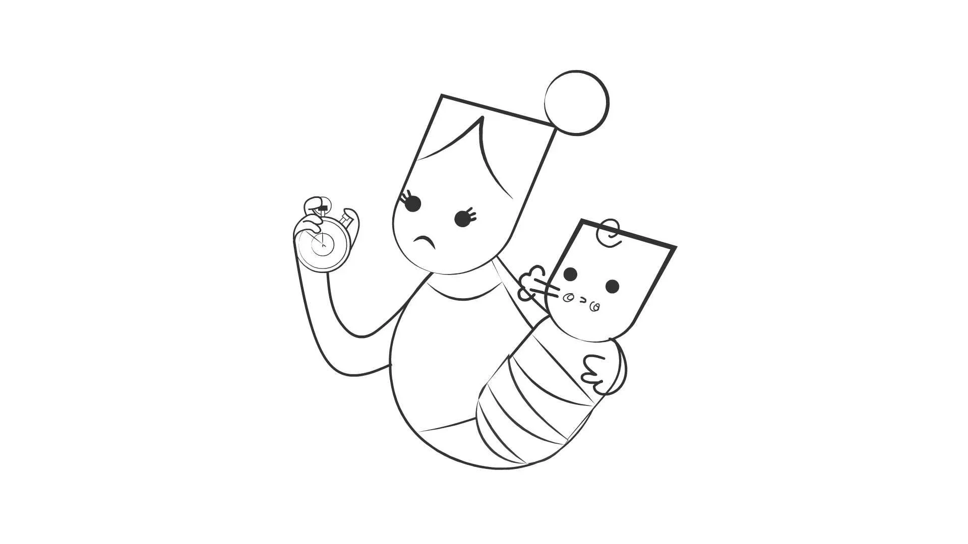 Black and white line drawing of a cartoon mermaid holding a stopwatch in one hand and a fish with a square head in the other, both with expressive facial features.