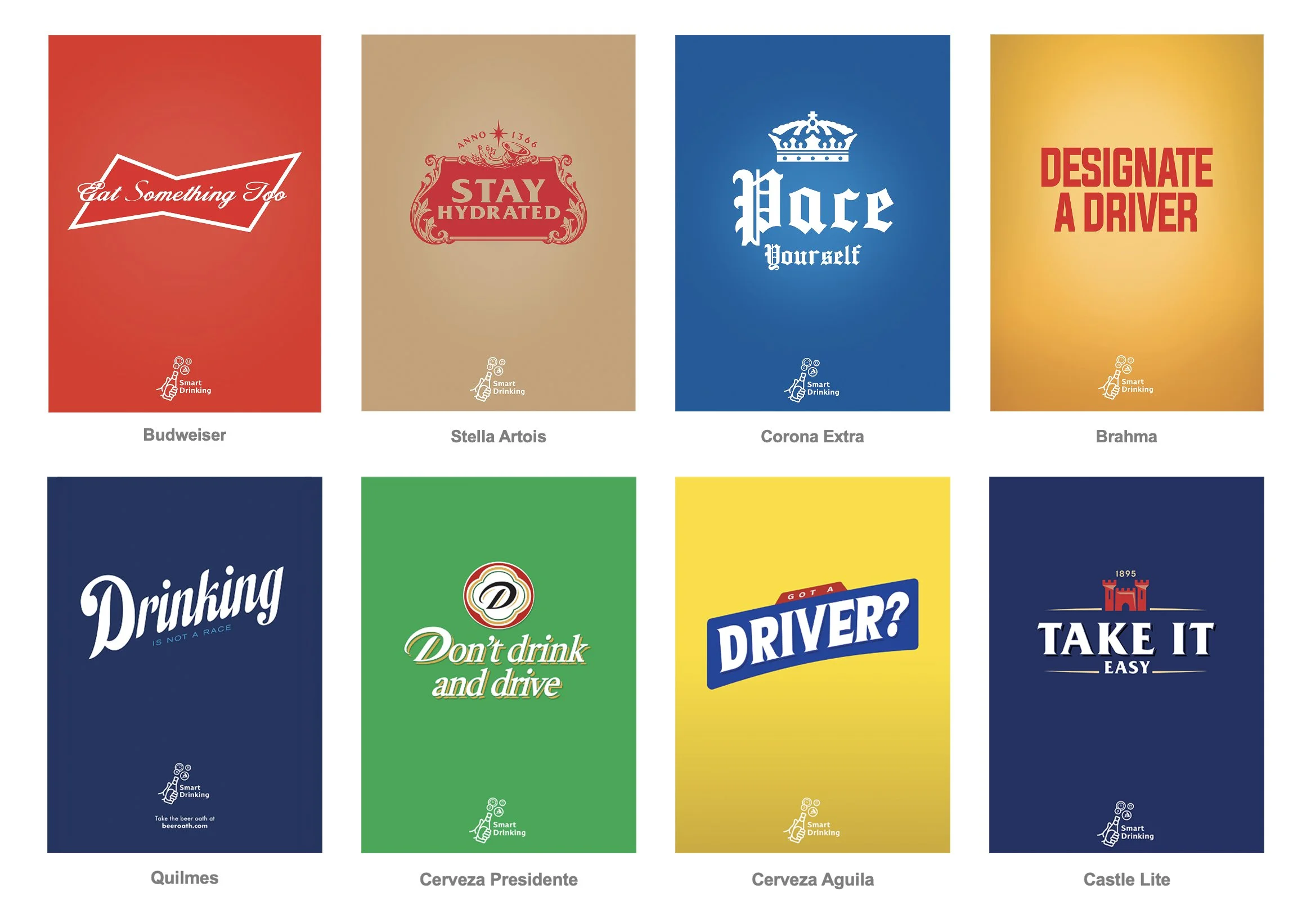 Collection of eight beer bottle labels with various slogans and designs, including Budweiser, Stella Artois, Corona Extra, Brahma, Quilmes, Cerveza Presidente, Cerveza Aguila, and Castle Lite.