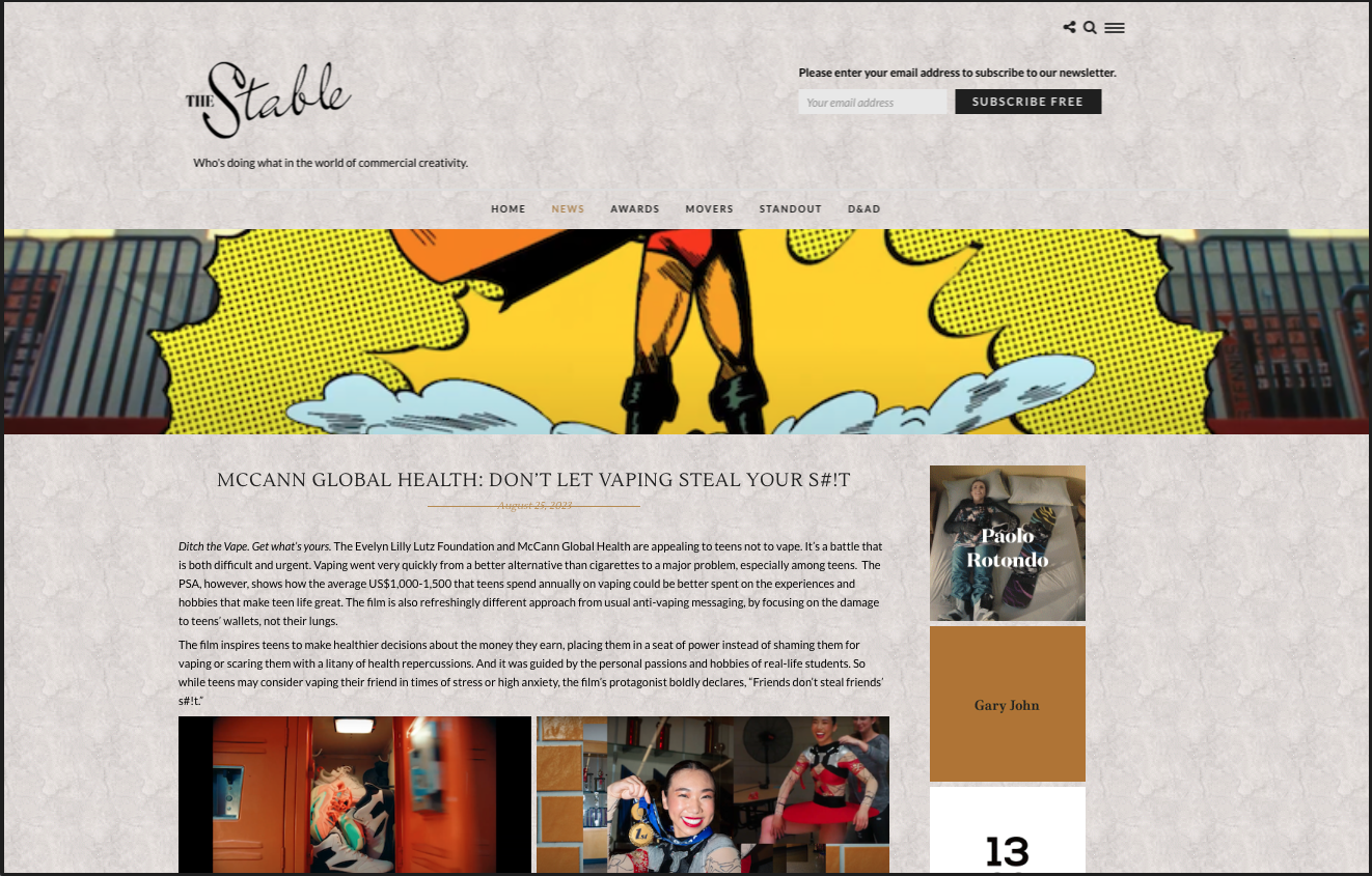 A webpage titled 'The Stable' with a tagline 'Who's doing what in the world of commercial creativity.' The page features a comic book-style graphic at the top, and an article about vaping and a photo of a smiling woman in a black jacket with a Lego helmet. There are navigation links including Home, News, Awards, Movers, Standout, D&D.