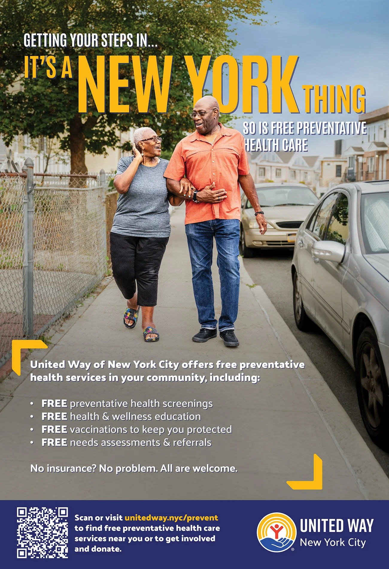 An elderly man and woman walking arm in arm in a neighborhood street. The woman is wearing a gray shirt and black pants while the man is in an orange shirt and jeans. There are parked cars and houses in the background, with trees lining the street.