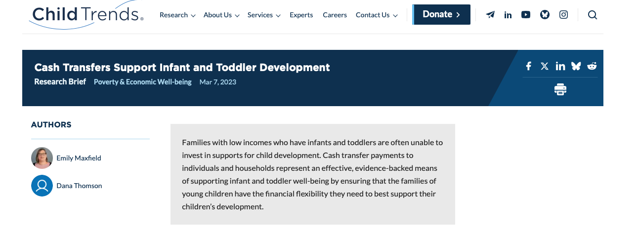 Screenshot of a webpage from Child Trends titled "Cash Transfers Support Infant and Toddler Development," dated March 7, 2023. The page includes authors' names, Emily Maxfield and Dana Thomson, and a brief description about income support for families with infants and toddlers.