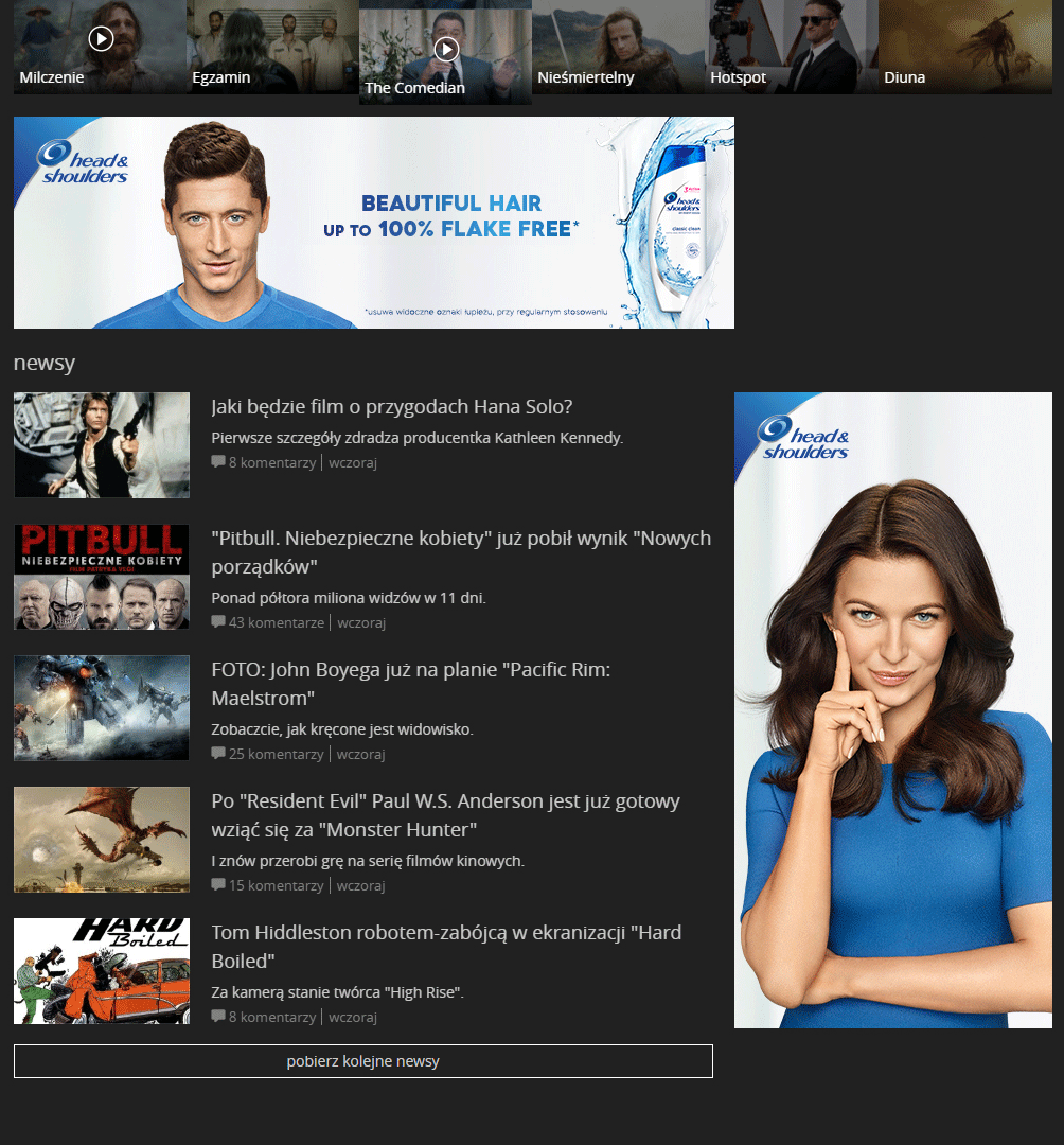 Advertisement for Head & Shoulders shampoo featuring a man with brown hair, wearing a blue shirt, with the text promoting 'beautiful hair up to 100% flake free.' On the right, there's an image of the shampoo bottle with splashing water. To the right, a woman with long brown hair, wearing a blue top, poses with her finger on her temple, next to another Head & Shoulders ad.