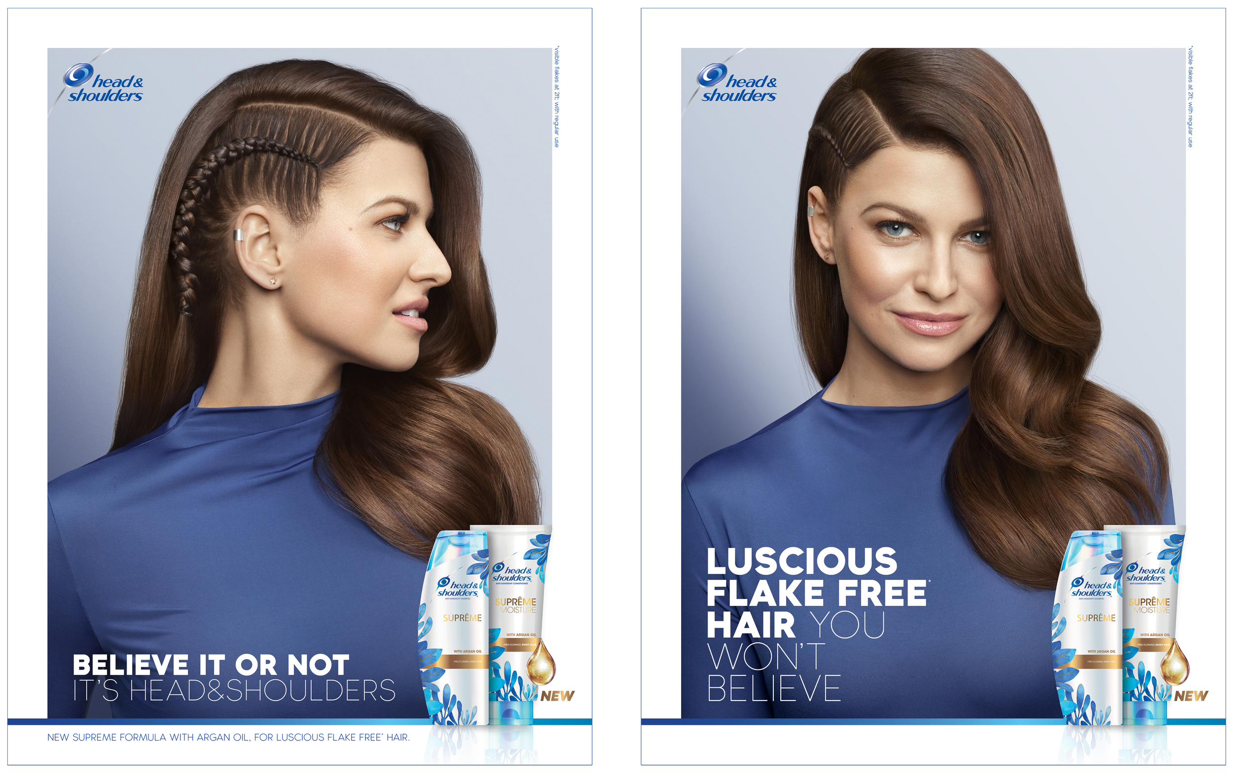 Two women with long, shiny, brown hair modeling for a Head & Shoulders shampoo ad. The woman on the left has an intricate braid on the side of her head, and the woman on the right has loose, wavy hair. Both are wearing blue tops against a plain background. The ad promotes Head & Shoulders Supreme, with text highlighting "Believe it or not," "Luscious flake-free hair," and "You won't believe." There are images of Head & Shoulders shampoo bottles at the bottom corner.