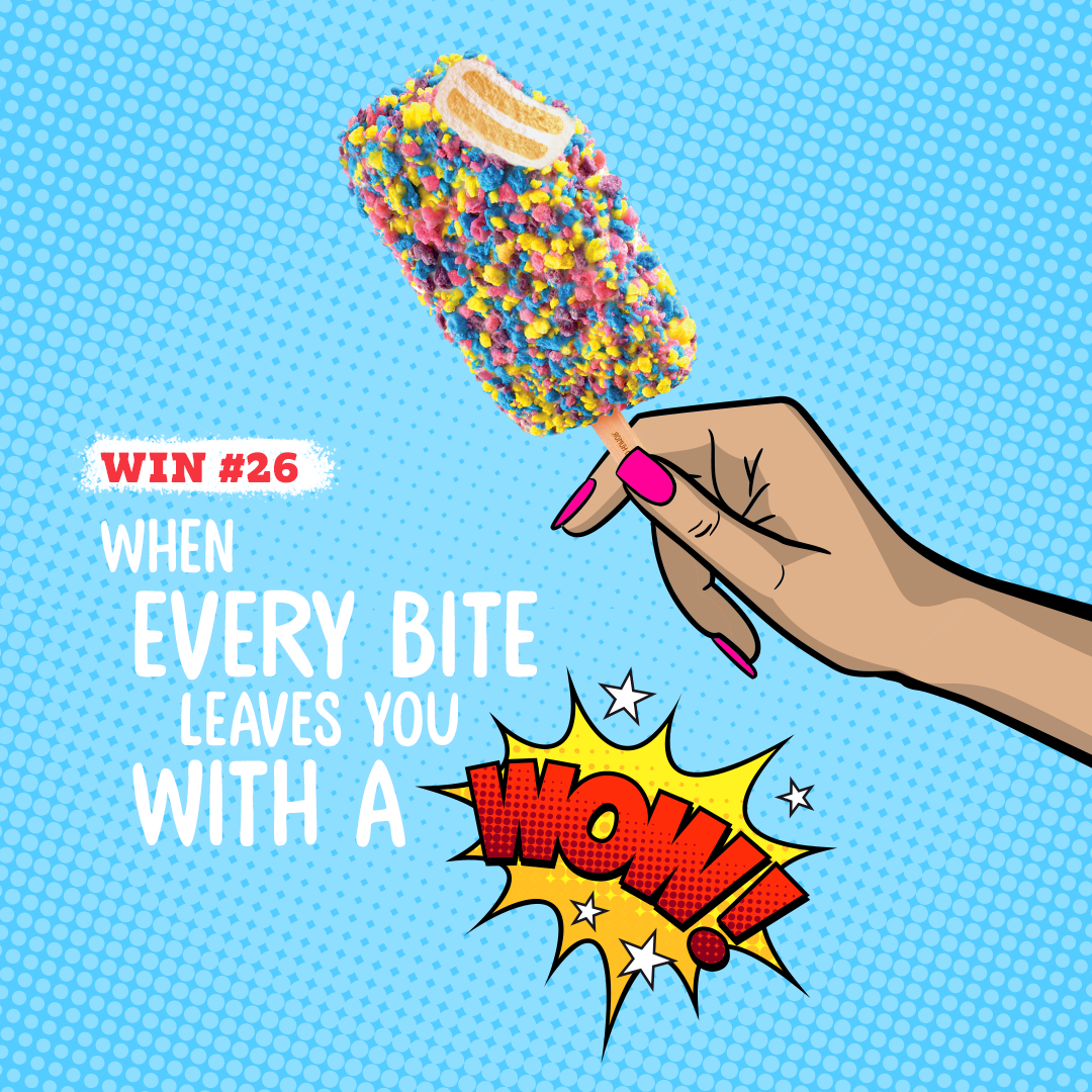 A colorful ice cream popsicle with a yellow and white filling on a cartoon-style hand with pink nails, set against a blue comic book background with text and a burst graphic.