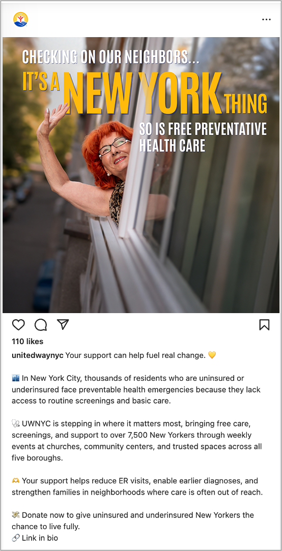 An elderly woman with red hair and glasses is leaning out of a window, waving. The background shows a street with trees and parked cars. The overlay text promotes free preventive healthcare in New York.