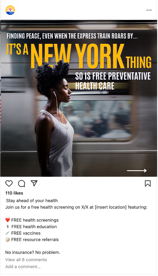 A woman with dark skin and natural hair, wearing a tank top and earphones, standing in a subway train. Text overlay reads: 'Finding peace, even when the express train roars by... It’s a New York thing so is free preventative health care.'