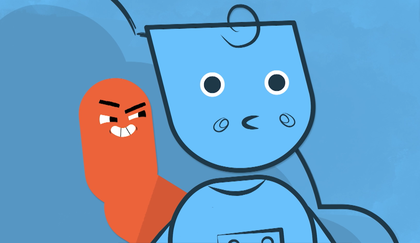 Animated characters, one blue with a worried expression and one orange with a mischievous grin, on a blue background.